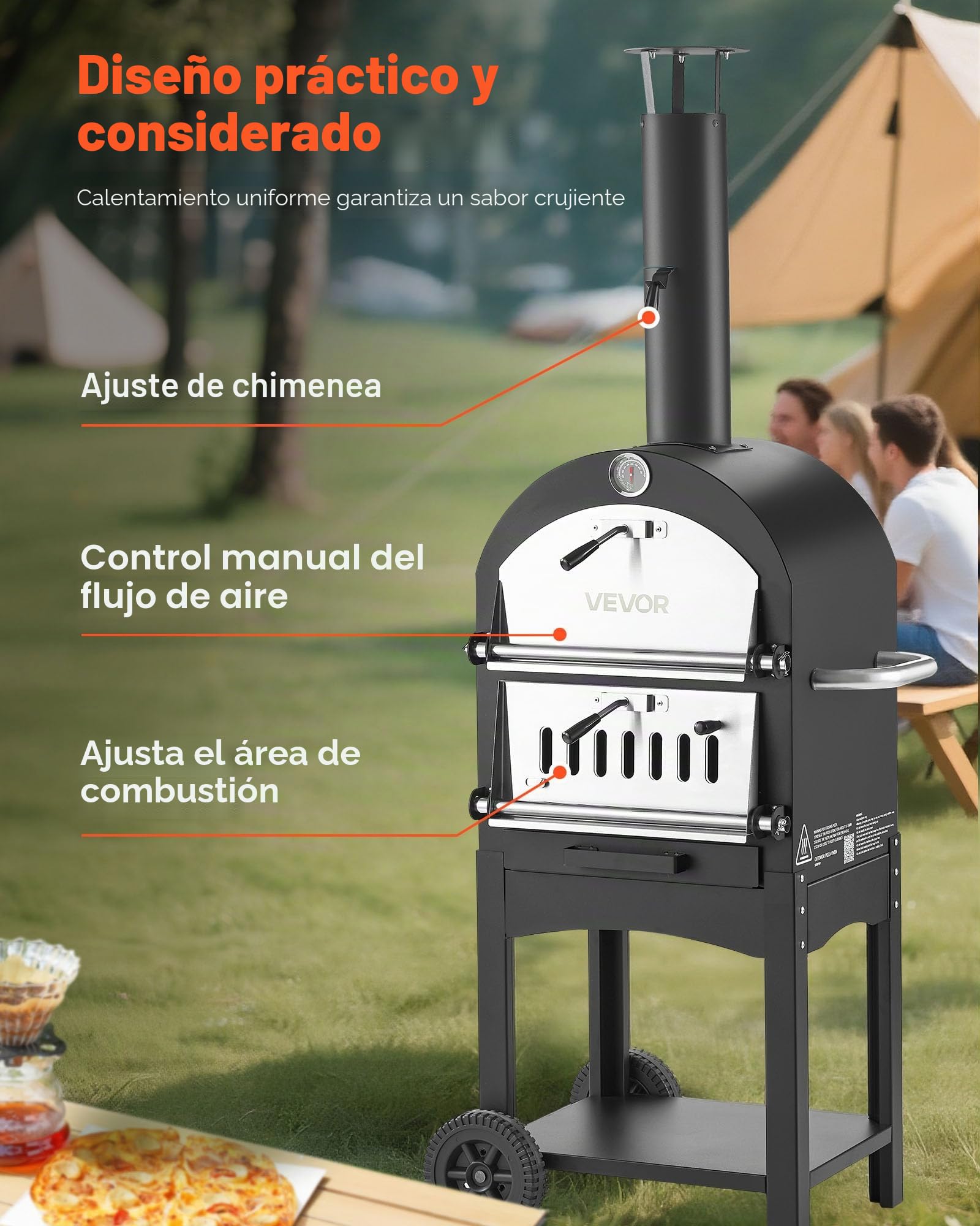 VEVOR Horno de Pizza de Pellets de Leña de 2 Capas, para Exteriores, con 2 Ruedas Extraíbles, Máquina para Hacer Pizzas con Una Temperatura Máxima de 540 °C para Asar, 540 x 445 x 1420 mm, Negro