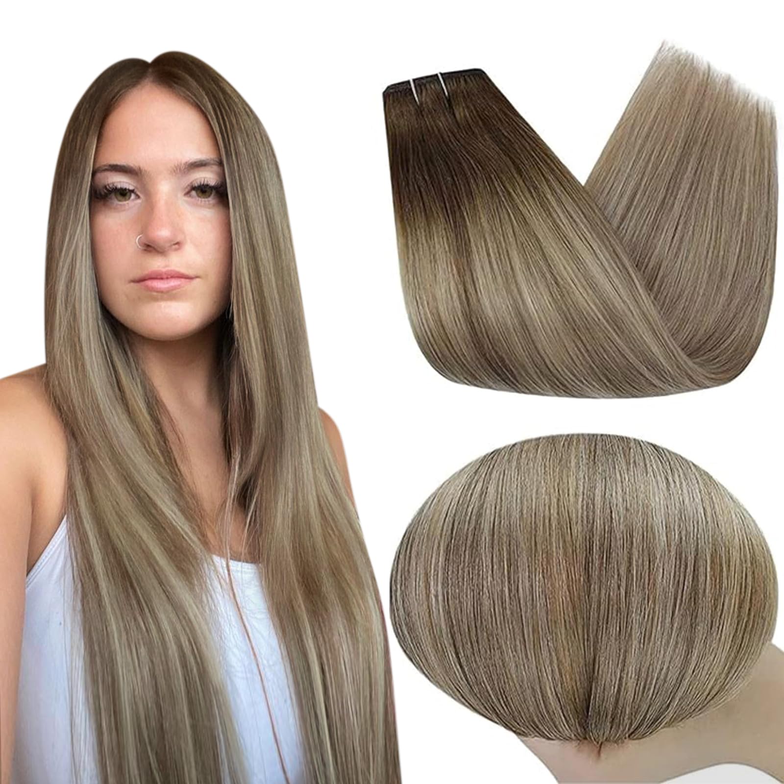 Full Shine Weft Hair Extensions 105 Grams 16 Inch Sew in Hair Extensions Human Hair Balayage Hair Extensions Real Human Hair Color 3 Dark Brown Ombre 8 Ash Brown Highlight 22 Blonde for Women