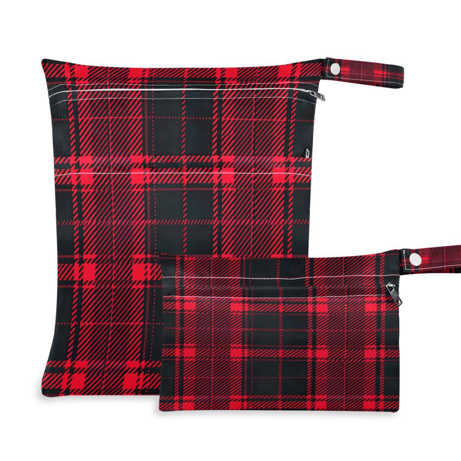ATTX Red and Black Plaid Wet Dry Bags 2-Pack - Reusable Cloth Diaper Storage for Travel, Beach & Gym | Multi-Use Waterproof Bags for Swimsuits, Baby Clothes, Sports Gear#459