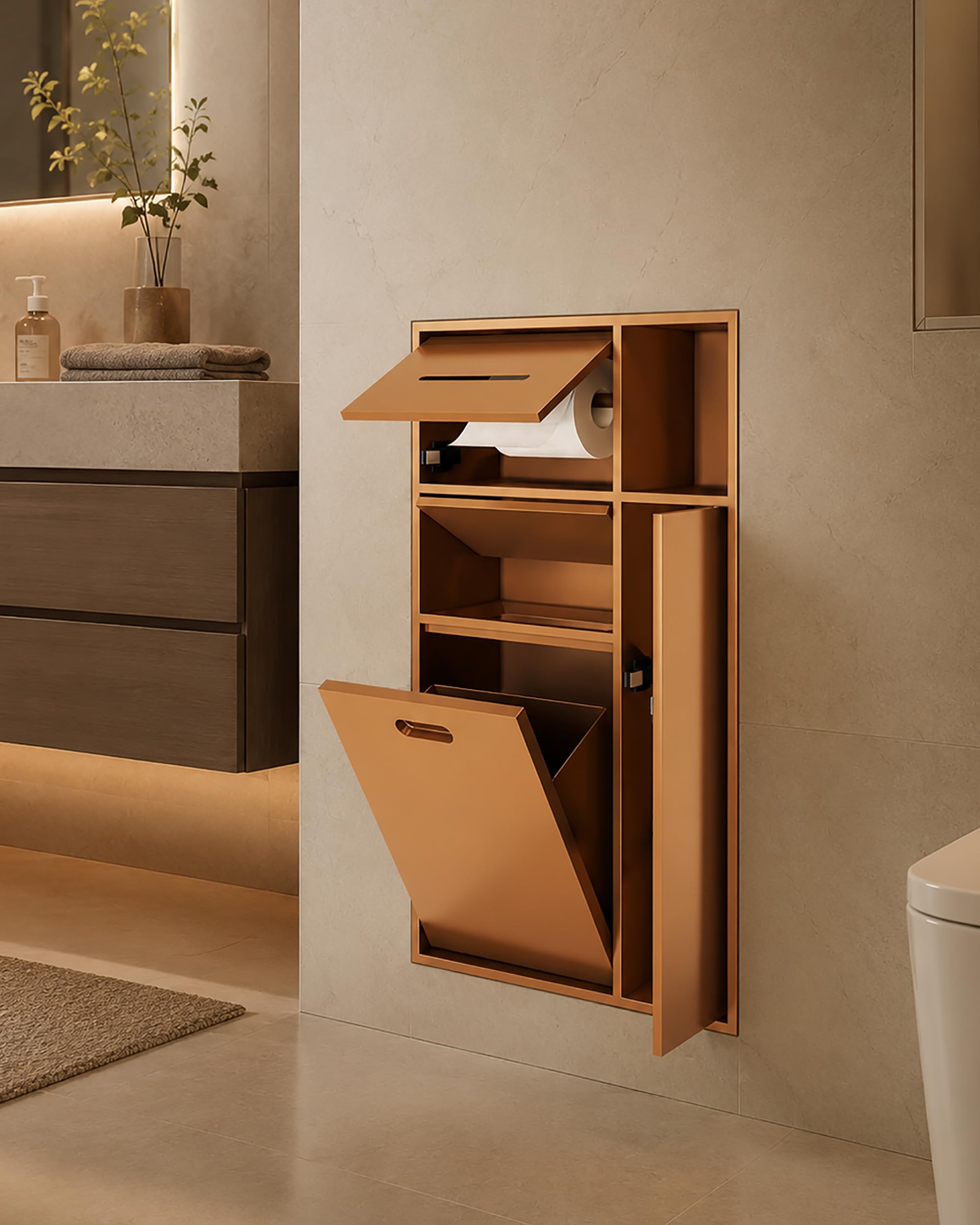 304 inless - Soporte de papel higiénico empotrado de acero y cubo de basura para ducha montado en la pared, diseño moderno que ahorra espacio para baño y hotel, y accesorios de baño Slish