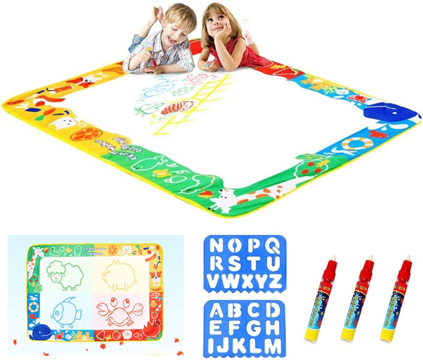 Aqua Magic Doodle Mat, Kids Magic Mat Toy Large Water Doodle Mat 39.5" X 28" with 3 Magic Pens 2 Drawing Molds, Kids Educational Learning Toy Gift for Toddlers Age 3 4 5 Years Old Toys