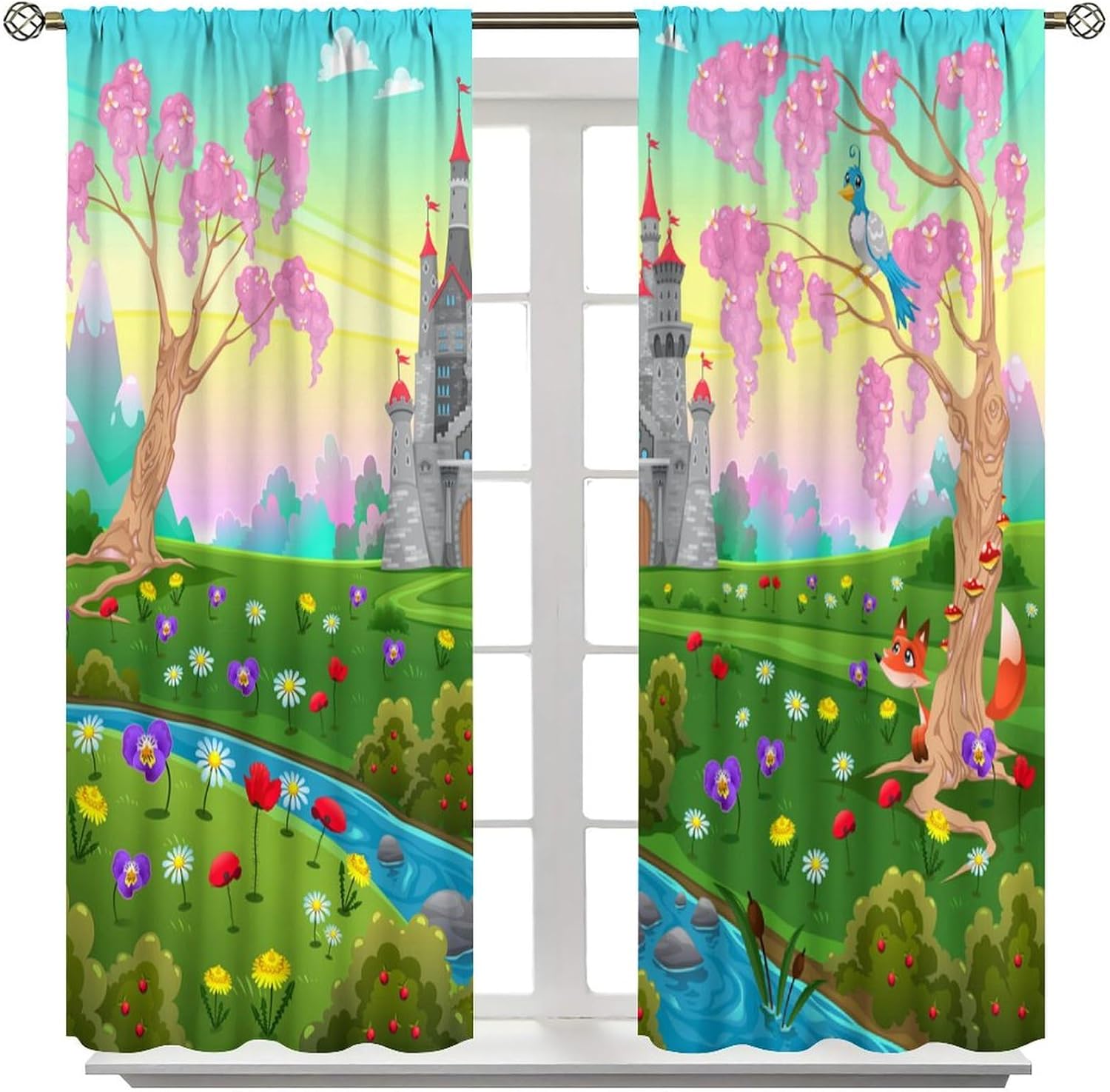 Cartoon Curtains, Fairytale Themed Royal Castle Scenery in A Floral Garden Fantasy World Blossoming for Girls Boys Living Room Bedroom Decor Drapes 2 Panels 42x45 Inch, Style-4
