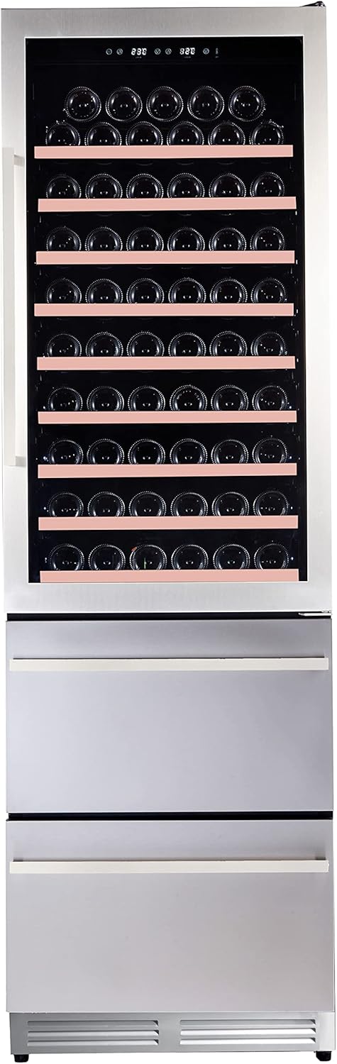 Avanti Wine Cooler ELITE Series, 108-Bottle Capacity with 2-Drawer Beverage Refrigerator, Dual-Zone Cooling, Double-Pane Glass Door, LED Display, and Wooden Shelves, 24-Inch, Stainless Steel