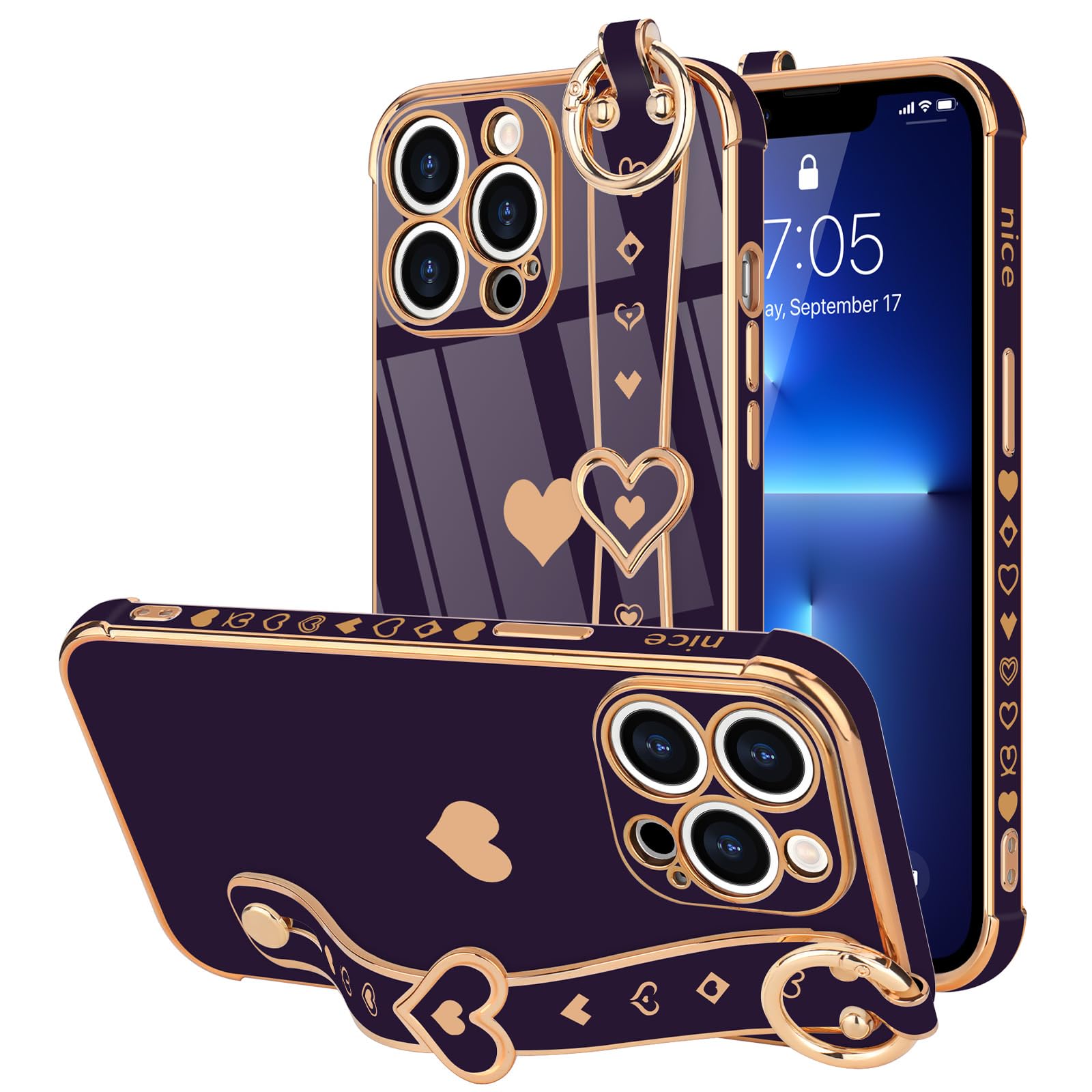 LLZ.COQUE for iPhone 13 Pro Case Cute Love-Heart Plating Strap Cover for Women Girls Bling Soft Silicone Camera Lens Protection Bumper Shockproof