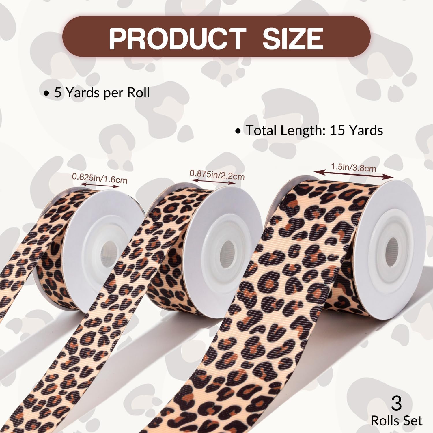 Cheetah Print Ribbon Set 3 Rolls Animal Print Grosgrain Ribbons 5/8", 7/8", 1.5", Jungle Safari Printed Ribbon for Crafts, Gift Wrapping, Flower Bouquet, Wreath & Bows Making, Gift Bags Decor