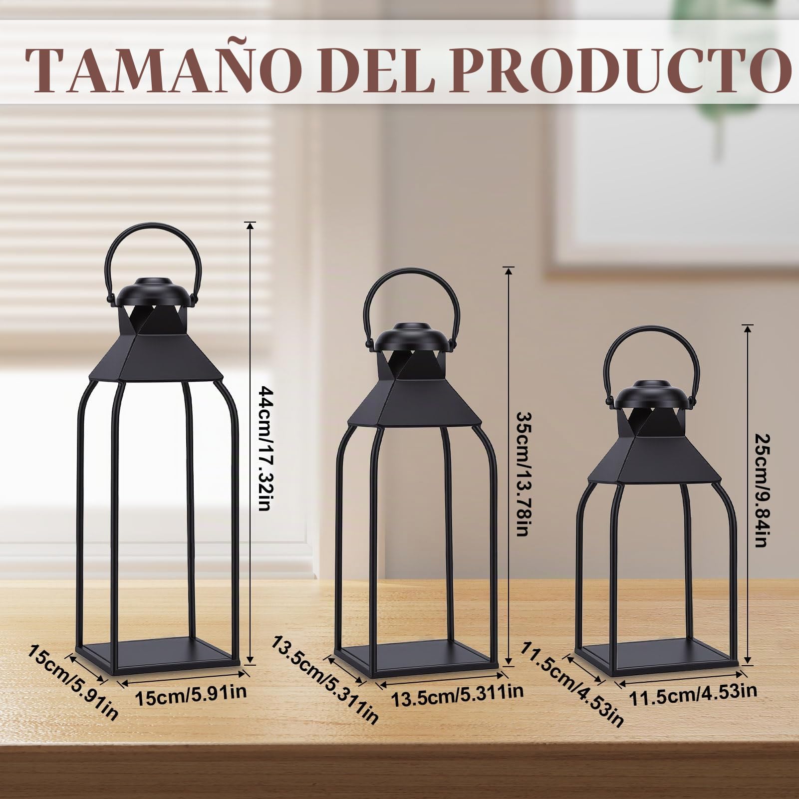 Gugxiom Farolillos de metal para interior y exterior, juego de 3 farolillos de jardín negros, sin cristal, para salón, terraza, balcón, decoración de boda de Navidad en interiores (44 + 35 + 25 cm)