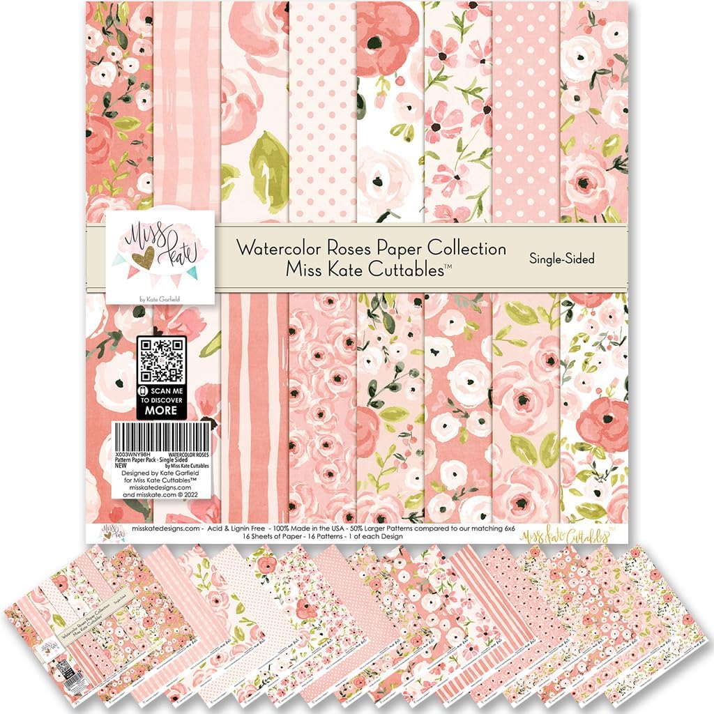 6x6 Pattern Paper Pack - Watercolor Roses - with Florals -Scrapbook Single-Sided-64 Sheets- 50% Smaller Patterns - by Miss Kate Cuttables