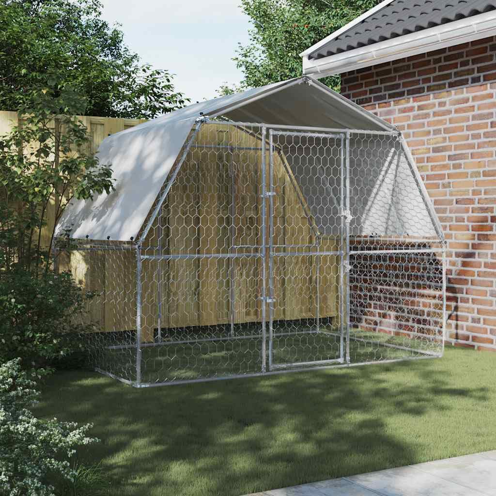 Cuccia per cani con tetto e porta in acciaio zincato argento, resistente alle intemperie e all'inverno, 285 x 195 x 230 cm, con serratura, ideale come cuccia per cani