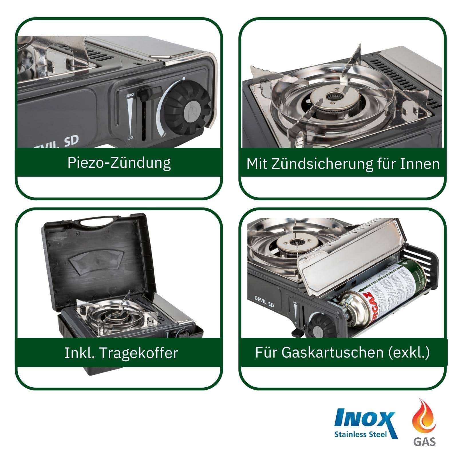 BRUNNER Gas-Kocher DEVIL SD NG Piezozündung Zündsicherung f. Gaskartusche | Gas-Kochplatte Einflammig - Mit Piezozündung 2,2 kW -Mit Zündsicherung - Für Gas-Kartusche -Grillplatte -Bratpfanne -Koffer