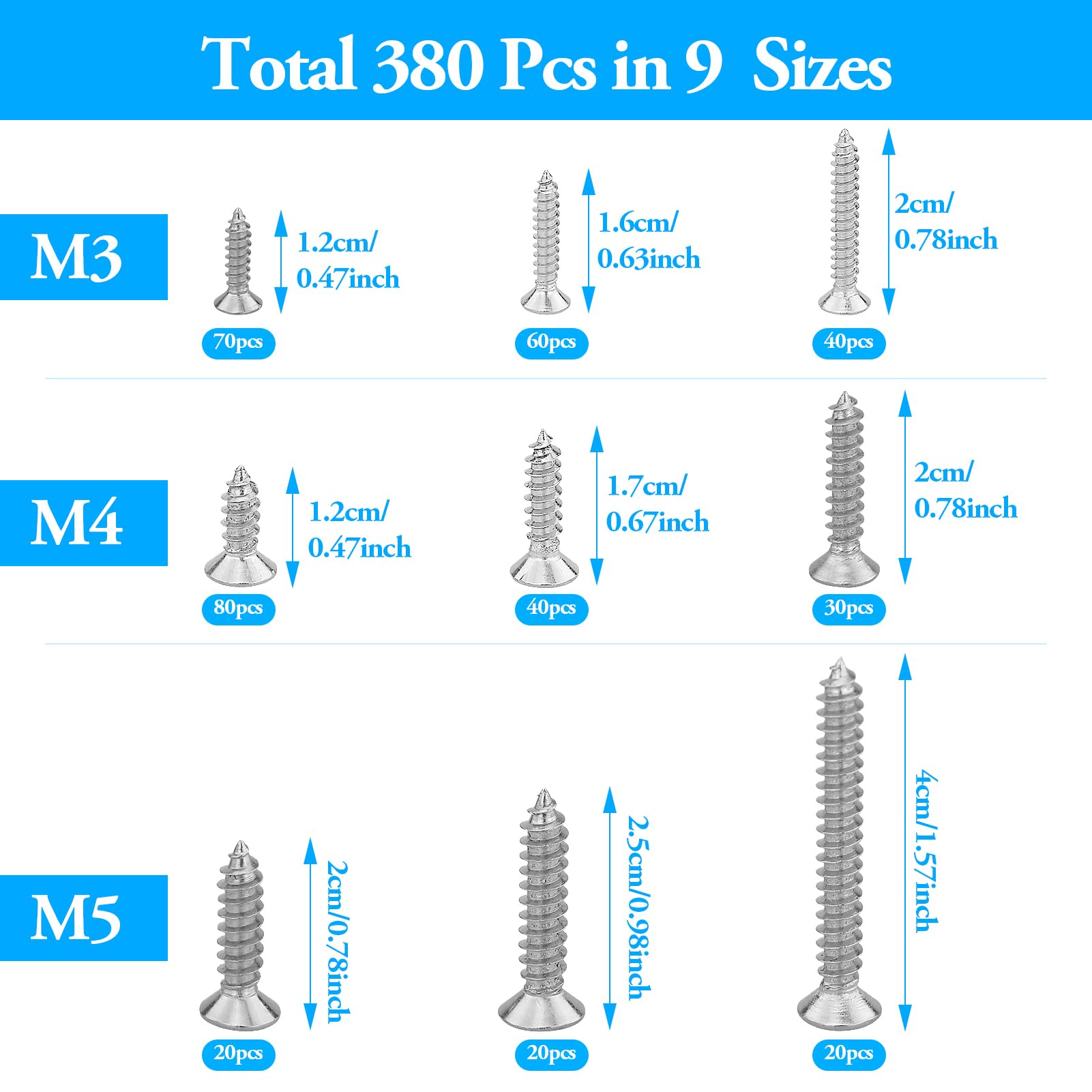 380 Pcs Stainless Steel Screws, Self Tapping Screws, M3/M4/M5 Countersunk Wood Screws Assortment, 304 Stainless Steel Self Tapping Screws, Assorted Wood Screws For Woodwork Indoor Outdoor - Image 2