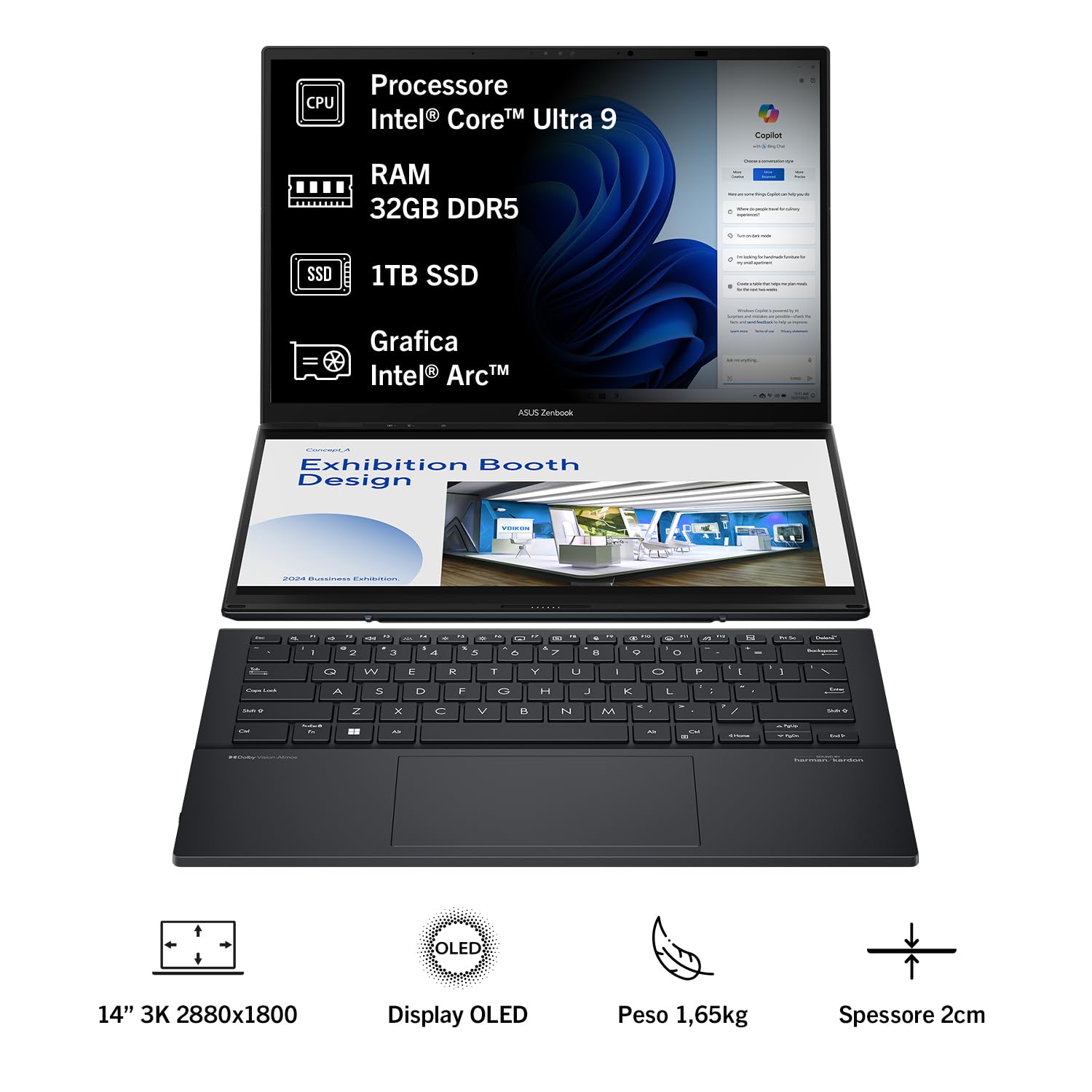 Asus Zenbook Duo UX8406CA#B0DPG2GRZK, Notebook con doppio Monitor 14" 3K OLED Glossy touchscreen, 120Hz, Intel Core Ultra 9, RAM 32GB, 1TB SSD, Intel Arc Graphics, Win 11 Home, Grigio