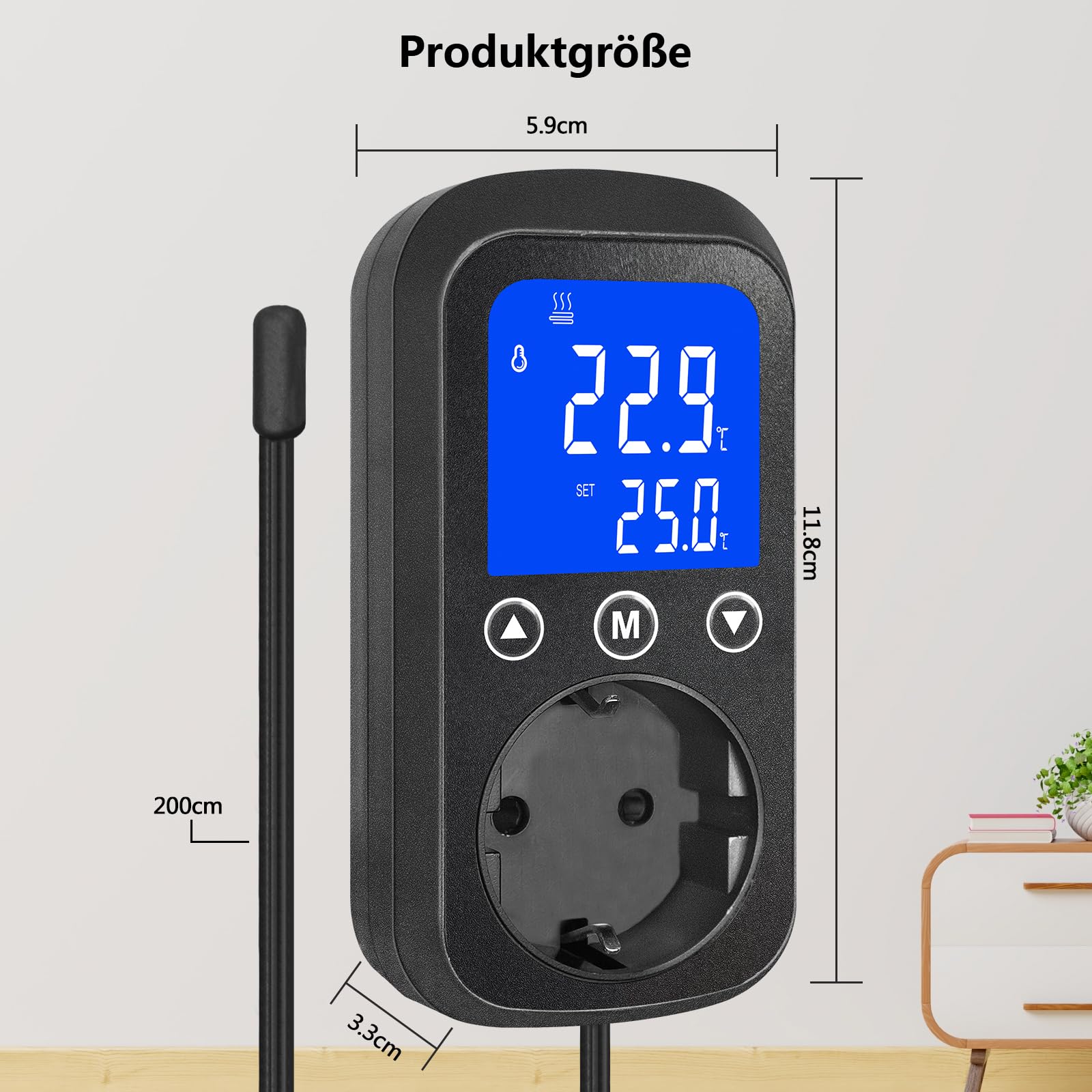 Digital Temperature Controller Socket mit wasserdichtem Sensor, Heizung Kühlsteuerung Thermostat Stecker, Temperaturschalter für Gewächshaus, Aquarium, Terrarium, Reptilien