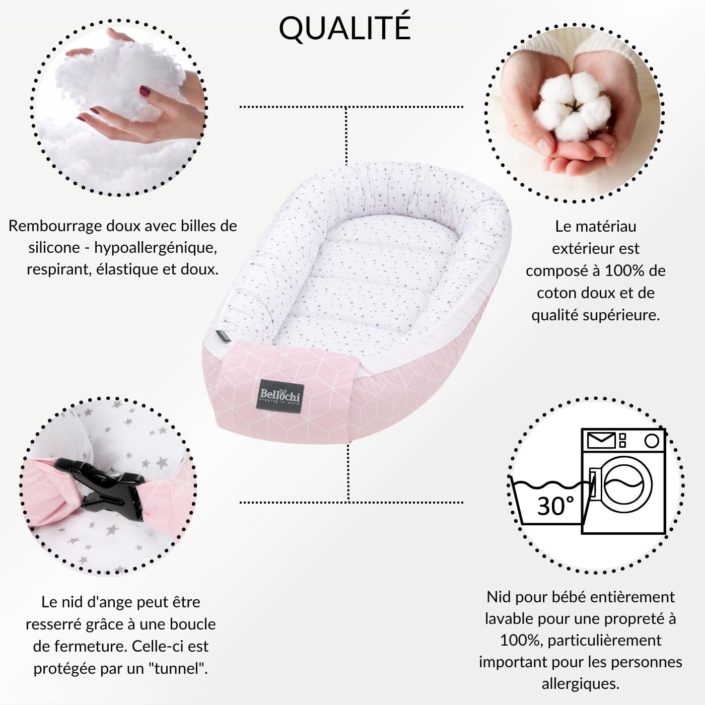 Bellochi Reducteur de Lit Bebe, Cale Bebe pour Lit, Cocon Bebe - 100% Coton, Oeko-TEX, 0-12 Mois - Nid de Bebe, Baby Nest - 90 x 60 cm - Aurora