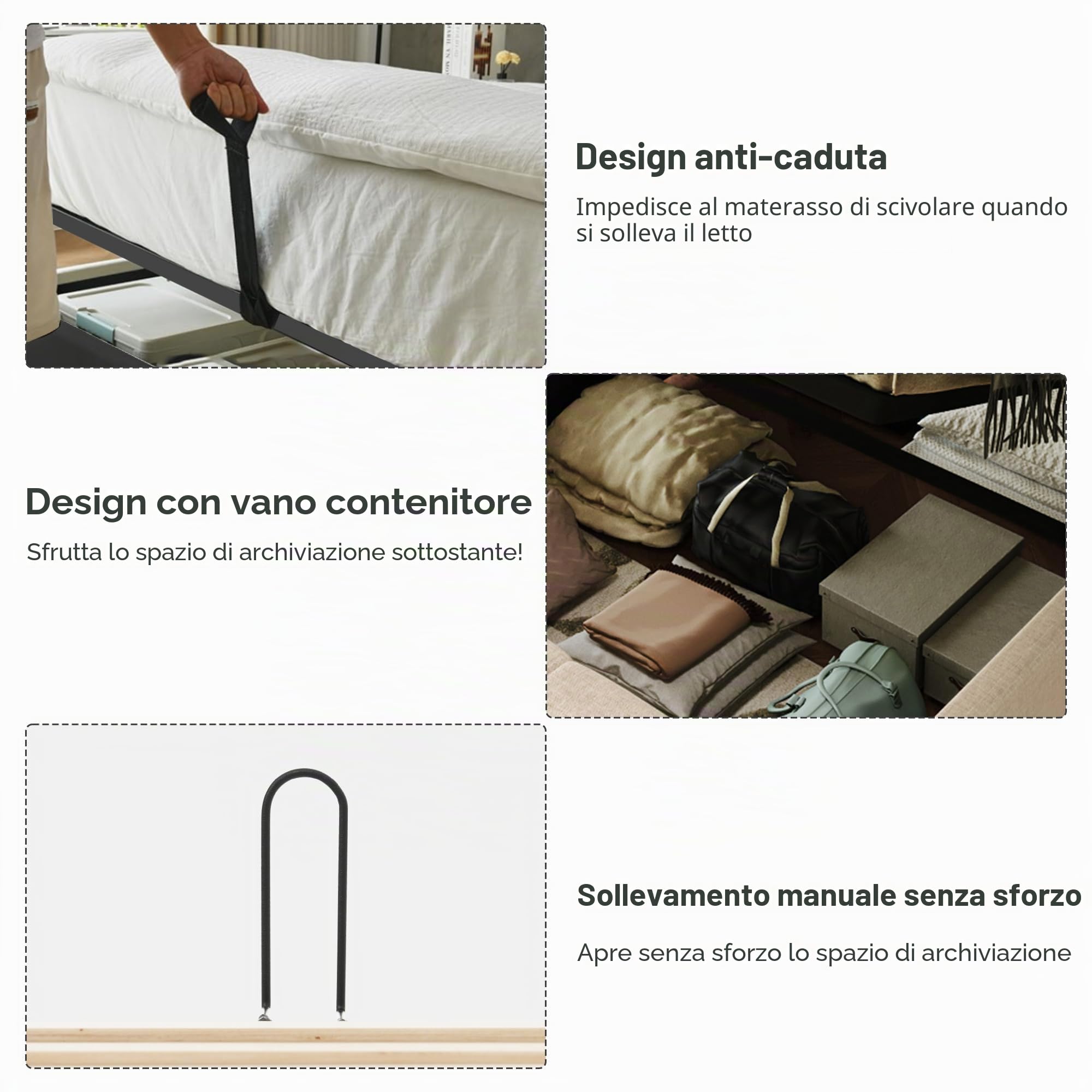 Letto imbottito 180 x 200 cm, comodino, lampada da lettura e ricarica USB C, rete a doghe legno massiccio e metallo, lino grigio