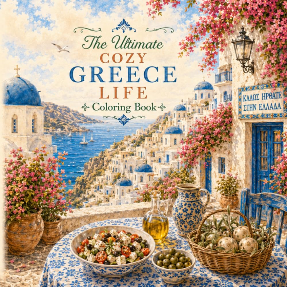 The Ultimate Cozy Greece Life Coloring Book: Relaxing Scenes of Greek Islands, Whitewashed Villages, Seaside Cafés, Blue Doors, Olive Trees and Slow Living for Adults and Teens