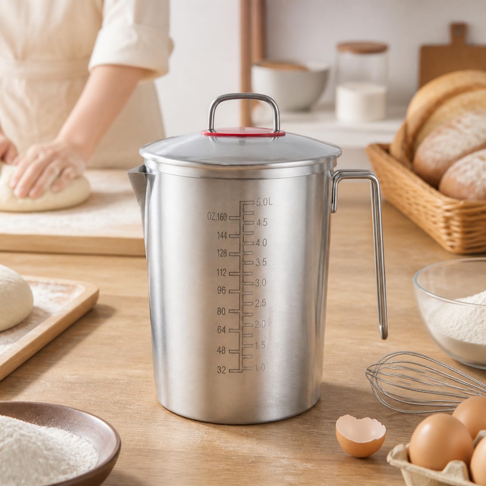 Vaso Medidor Acero Inoxidable Resistente Medidora con Asa y Vertedor Vertedor para Cocineros Caseros, Pasteleros, 5000ML, Tapa Vidrio
