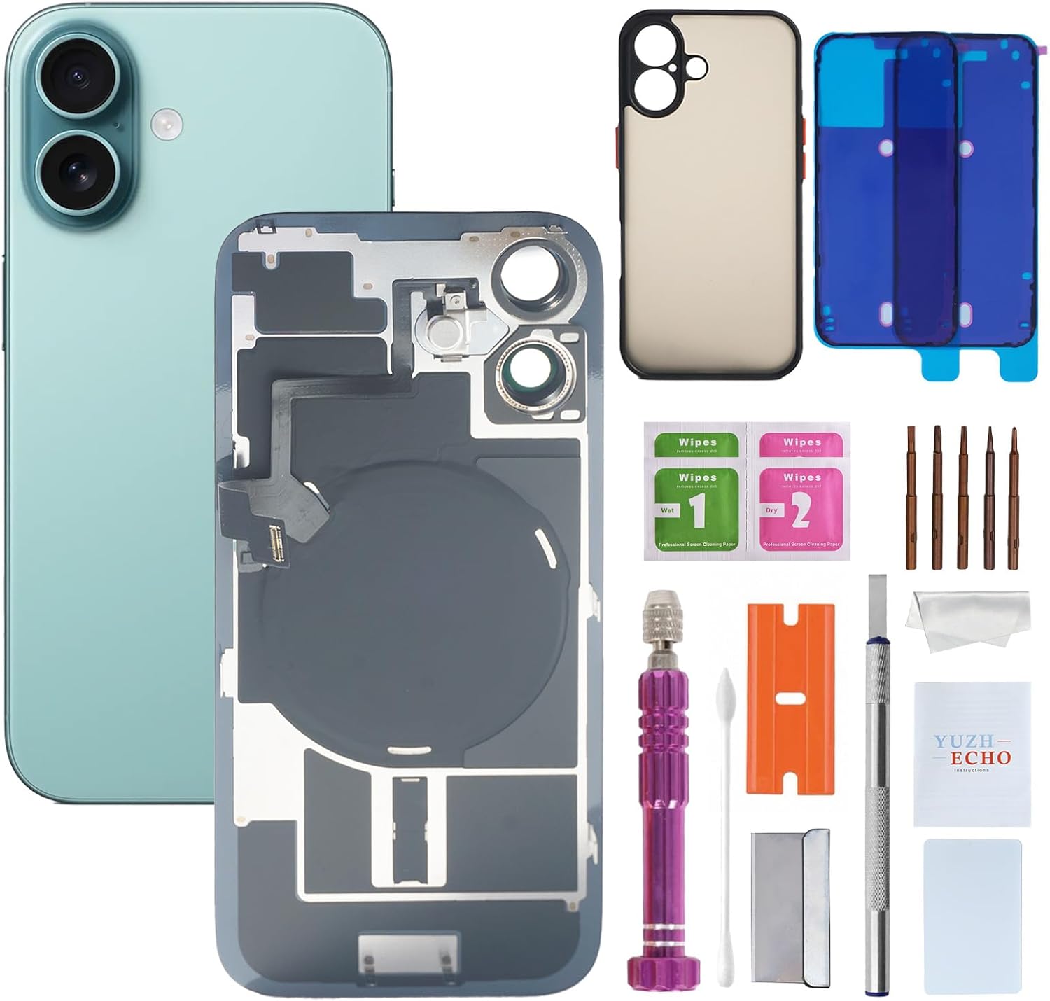 Back Glass Replacement for iPhone 16(6.1 inches,Teal) Integrated Glass & Wireless Charging Repair Tools are Included & Phone case