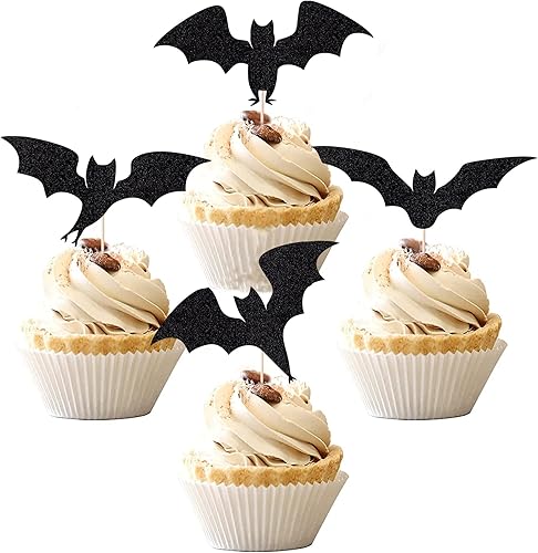 Crseniny 24 piezas de decoración para cupcakes de murciélagos con purpurina negra, para Halloween, decoración de cumpleaños de niños, suministros de