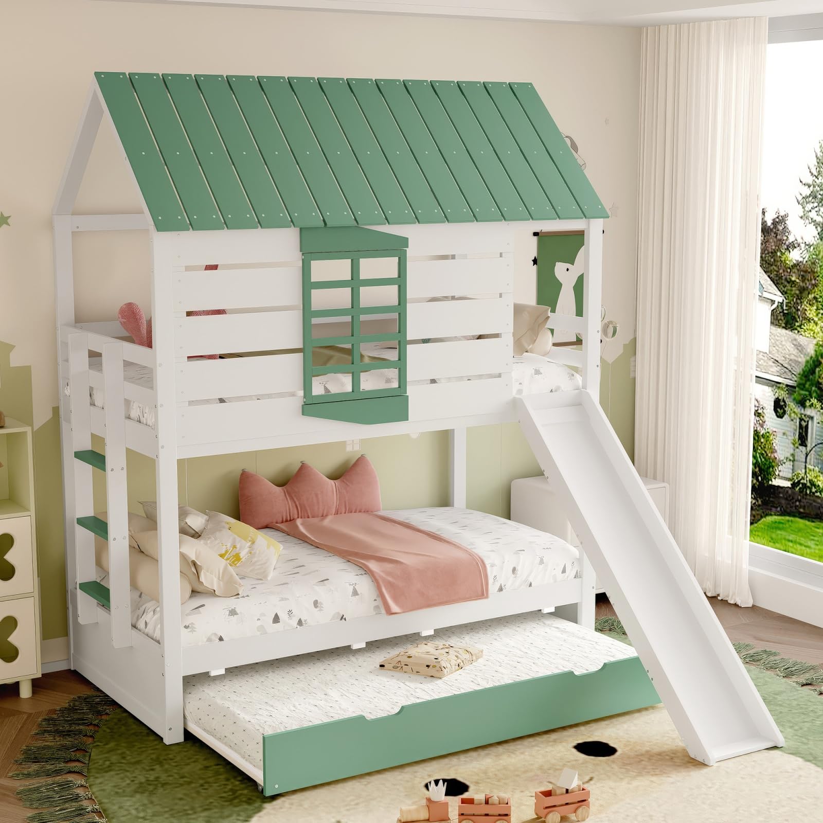 Sweiko Lit Superposé Enfant 90x200 cm avec Lit Gigogne et Toboggan, Blanc