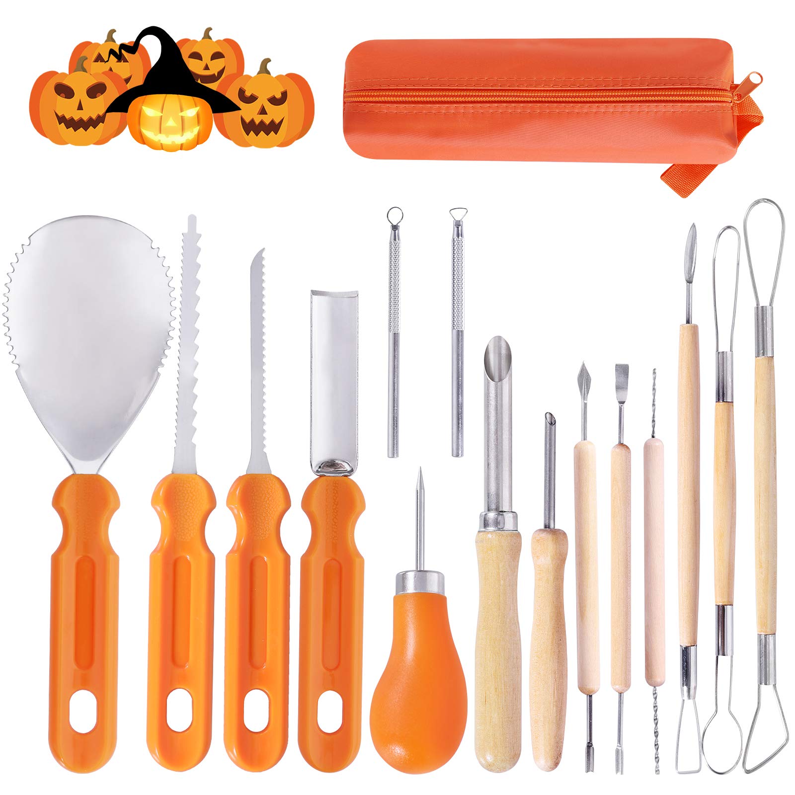 Ginbel Direct Halloween Pumpkin Carving Tool Kit, 15pcs Professional Stainless Steel Pumpkin Cutting Supplies Tools Kit for Halloween Decoration Jack-O-Lanterns