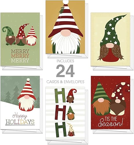 Miniatura 2 de Adorable paquete de tarjetas navideñas de gnomo, 24 tarjetas de notas de Navidad extravagantes con sobres blancos, 6 diseños ilustrados de gnomos