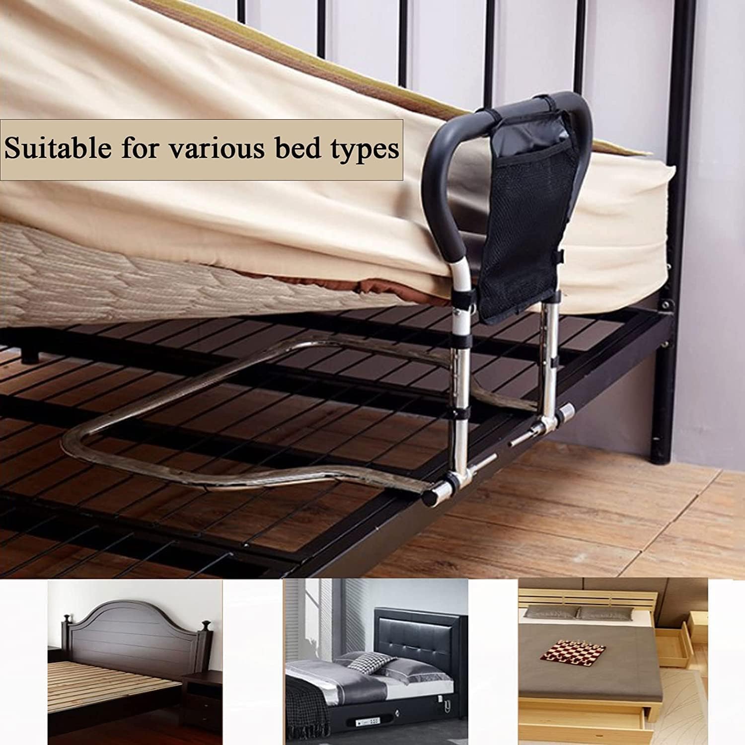 Barandilla de Cama de Acero para Uso médico, con Bolsa de Almacenamiento, Altura Ajustable para Adultos Mayores, Barra de Asistencia para Cama