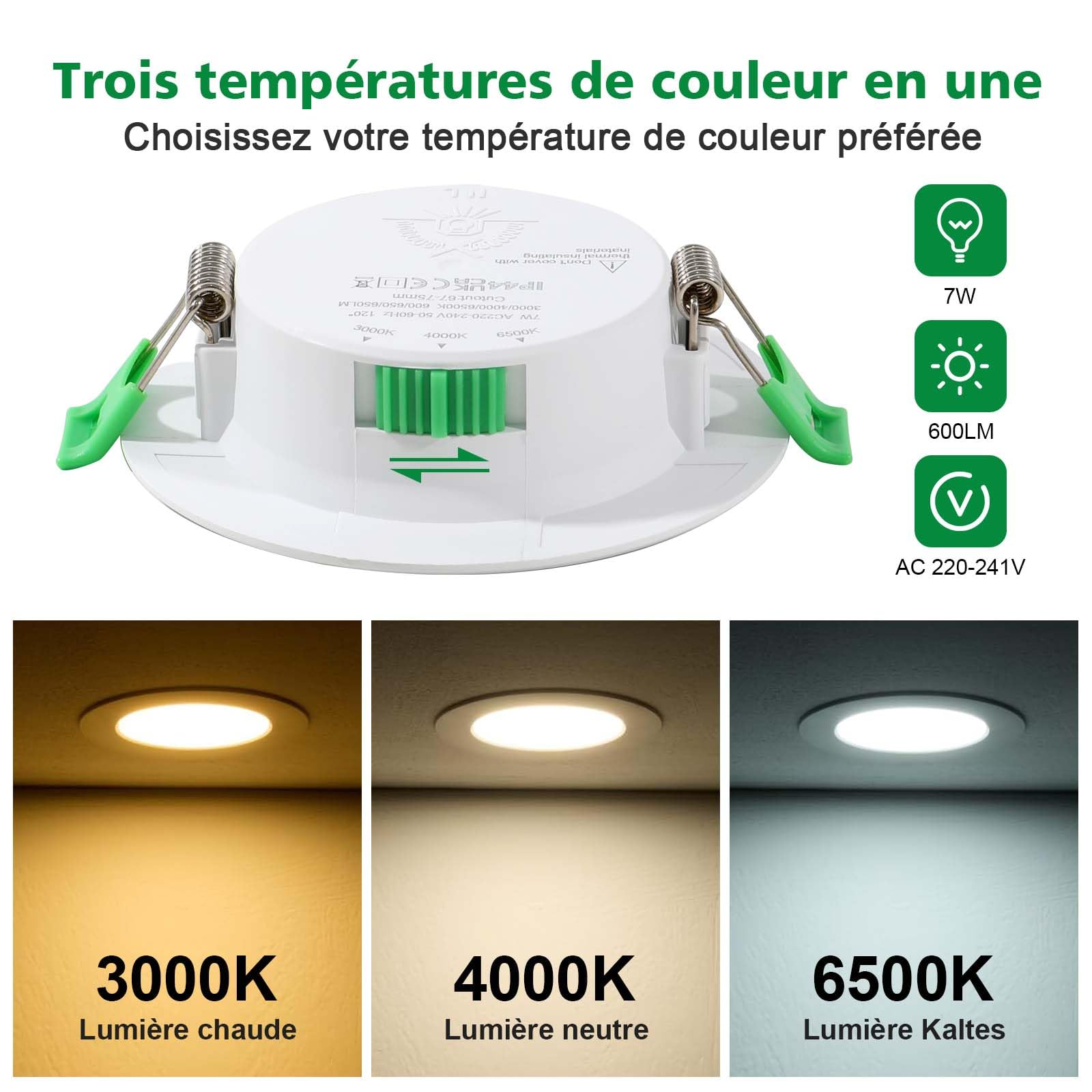 Spot LED Encastrable 230V, 7W Dimmable Spot Salle de Bain pour 68mm - 78mm Taille de Découpe, 3000K/4000K/6500K Réglable LED Plafond, IP44 Étanche pour Salle de bains, Salon, Set of 6