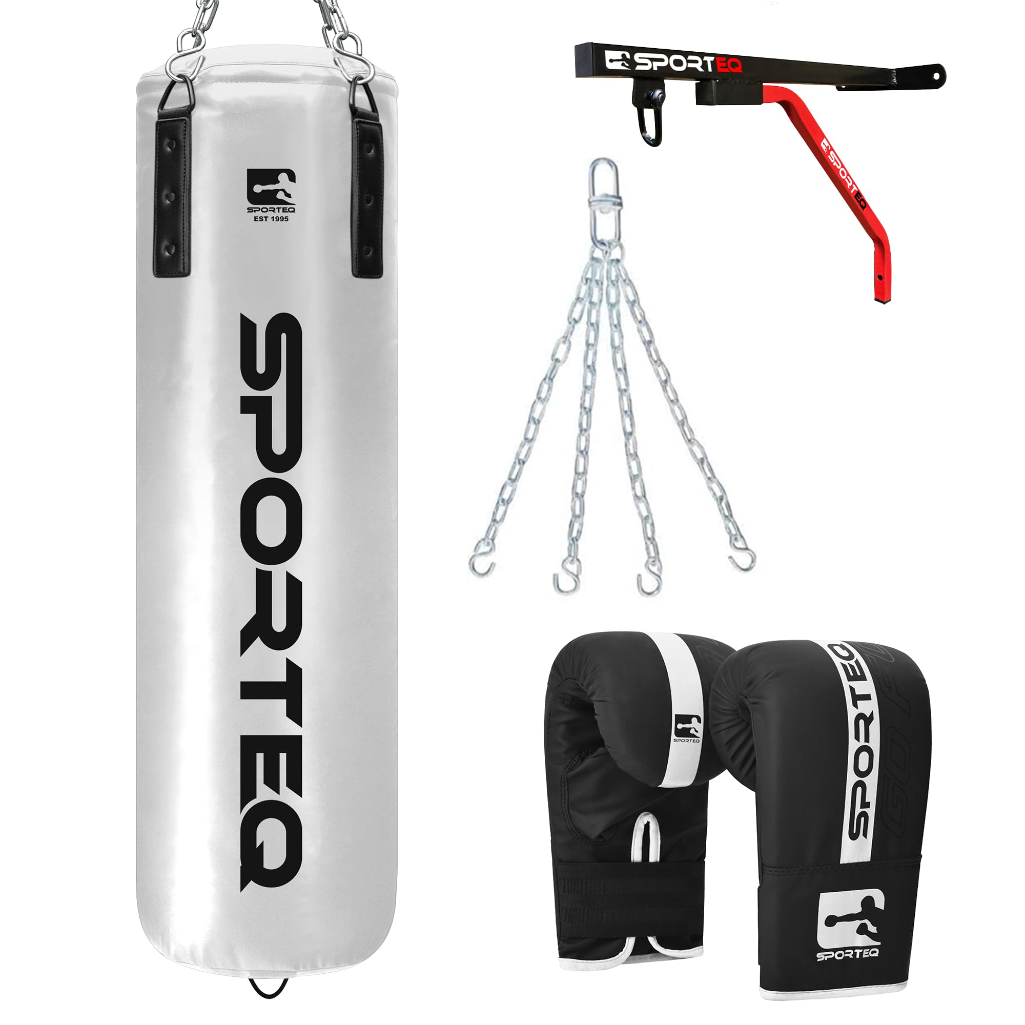 Sporteq Dyno Filled Heavy Boxing Punch Bag 3FT, 4FT & 5FT for All Ages | Punching Martial Arts Kickboxing Muay Thai Karate | Home & Gym Use (5FT Punch Bag + Wall Bracket + Boxing Gloves + Chain)