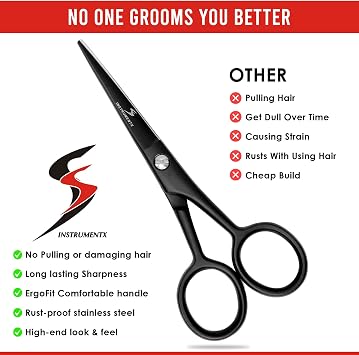 SS INSTRUMENTX Beard and Moustache Scissors Professional Beard Scissors for Ear and Nose Hair, Stainless Steel Hair Trimming Scissor for Eyebrows, Eyelashes and Ear Hair (Black)