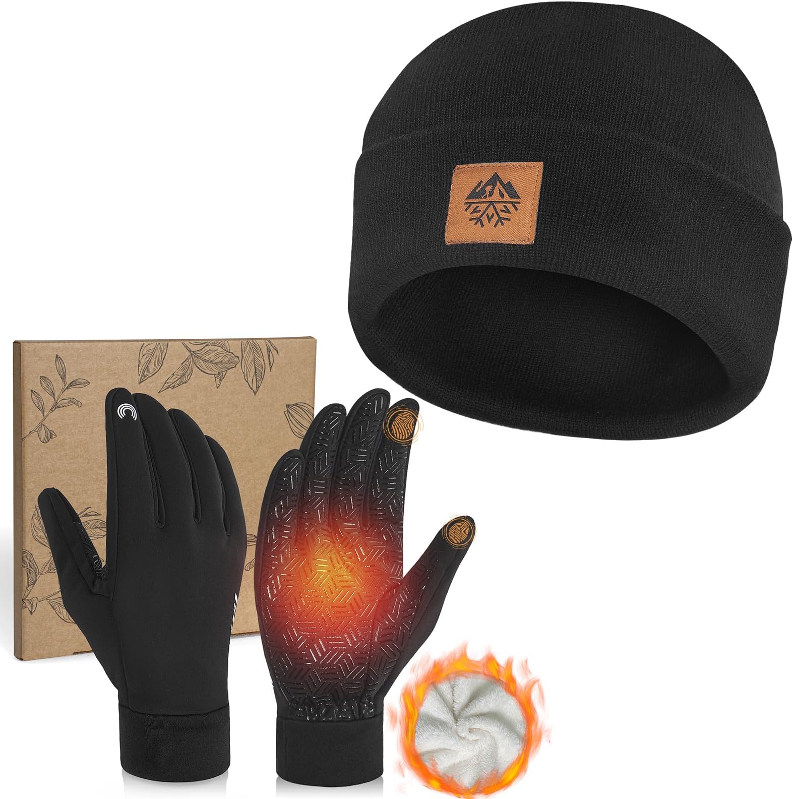 RIGWARL Winter Mens Hat and Gloves Set for 32-50℉, Soft Hat and Touchscreen Gloves for Men Women, Beanie and Glove for Unisex