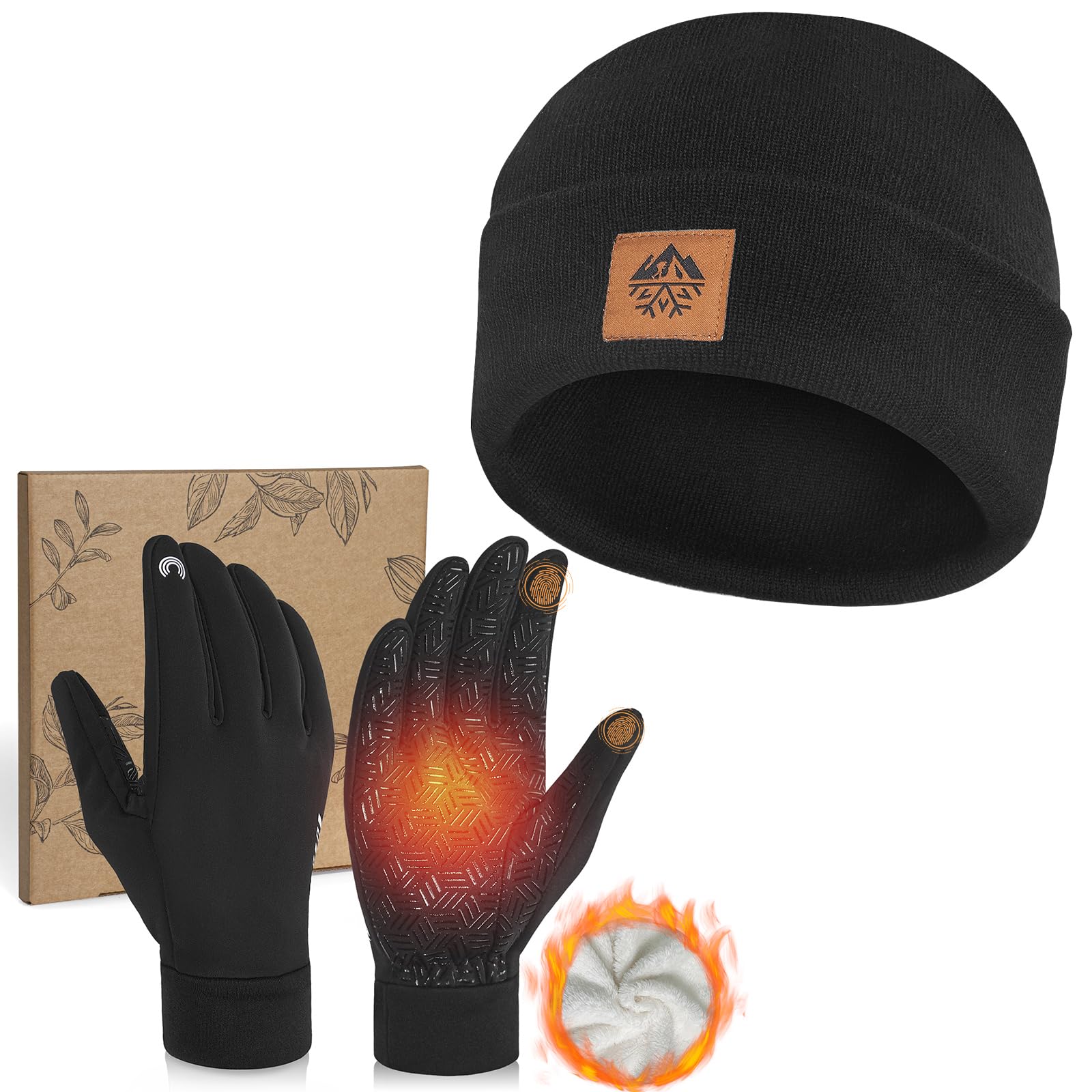 RIGWARL Winter Mens Hat and Gloves Set for 32-50℉, Soft Hat and Touchscreen Gloves for Men Women, Beanie and Glove for Unisex