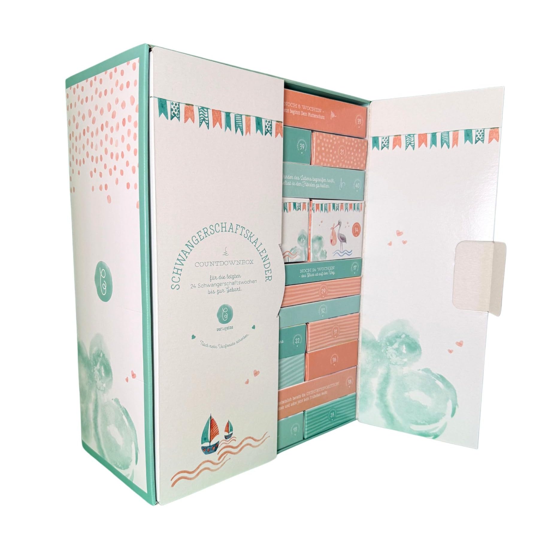 Erstausstattungs-Schwangerschaftskalender/Countdownbox mit Geschenken für 24 Schwangerschaftswochen