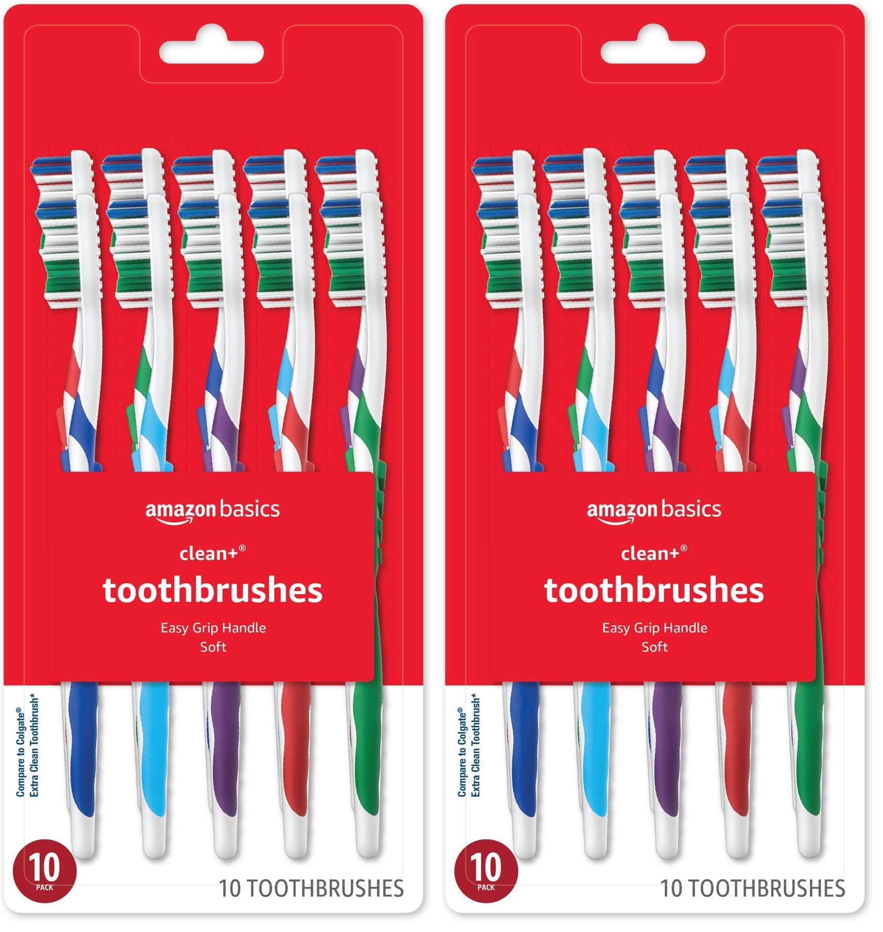 Amazon Basics Toothbrush Soft Full 10 Count Assorted Colors Pack of 2
