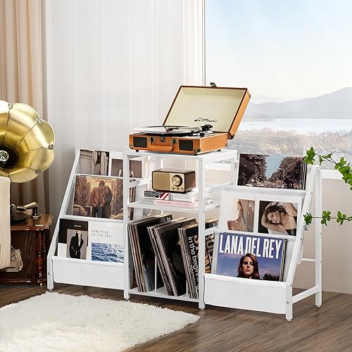 Miniatura 4 de LELELINKY Mesa para tocadiscos, estante giratorio con almacenamiento de vinilo de hasta 180 álbumes, mesa auxiliar blanca con estante para libros