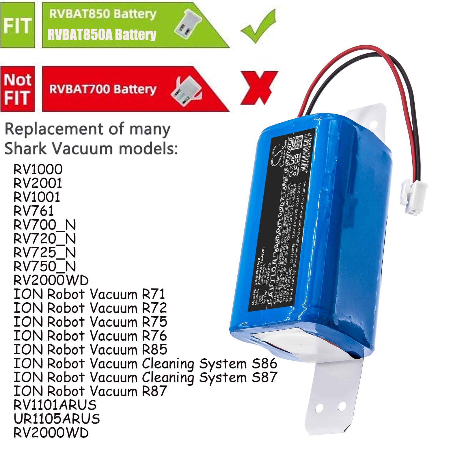 14.8V 2600mAh Replacement Battery for Shark RVBAT850 RVBAT850A,fit Shark RV1001AE, RV700_N, RV720_N,RV725_N, RV750_N, RV761, RV1001, Shark ION Robot Vacuum R71, R72, R75, R75, R85, R87