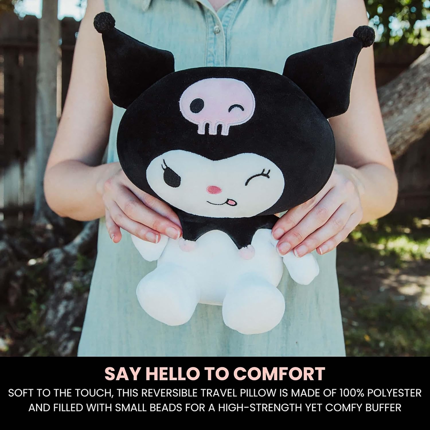 Surreal Entertainment Sanrio Kuromi Adult Reversible Neck Roll Pillow and Plush| Travel Essentials for Extra Comfort Support in Airplanes, Cars