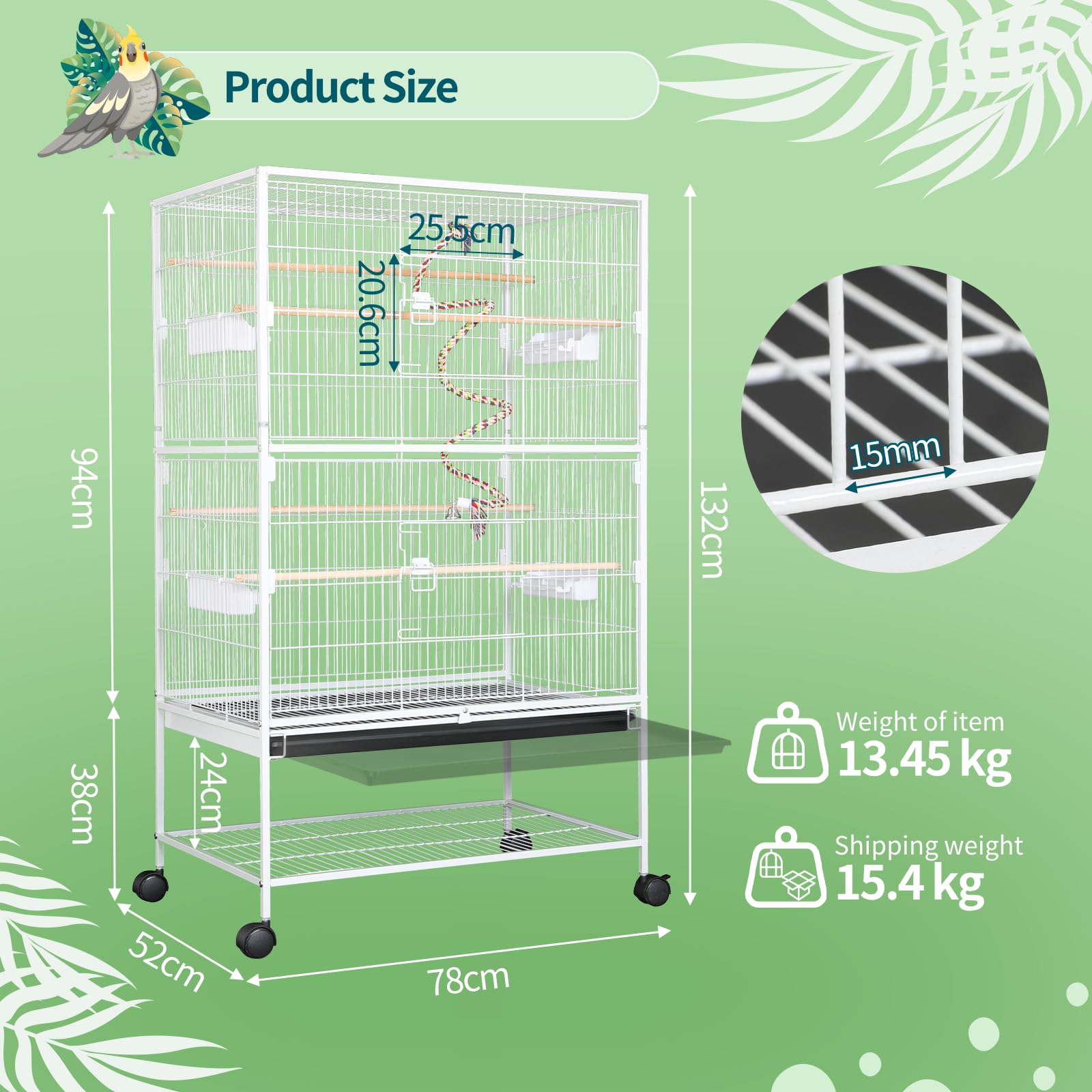LIFERUN Vogelkäfig groß, Vogelkäfig aus Metall, Vogelbauer mit 4PCS Rollen, Wellensittich käfig mit Futternapf, Käfigspielzeug, Spring-Schaukel für Vogel mit 2 Türen 4 Holzstangen, 132 x 78 x 52 cm