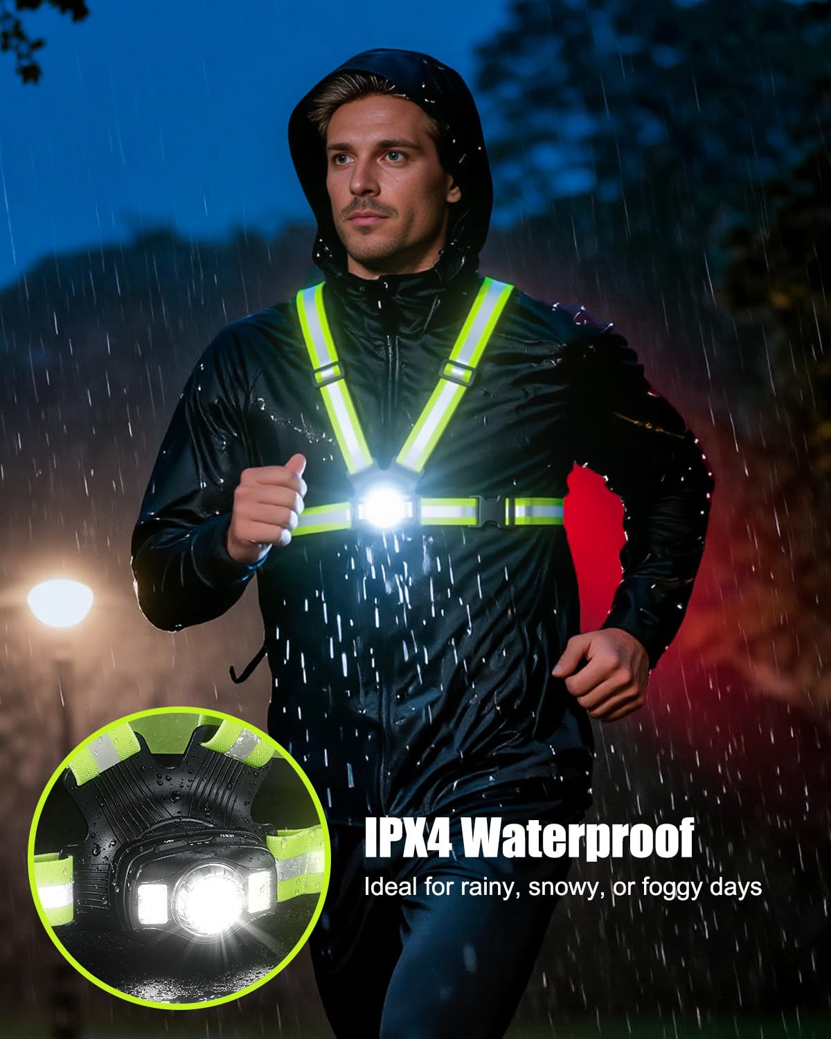 Luces de correr para corredores, luz de correr de 500 lúmenes con luz de alerta roja trasera, haz ajustable de 45° e impermeable IPX4, chaleco reflectante recargable para caminar/ciclismo