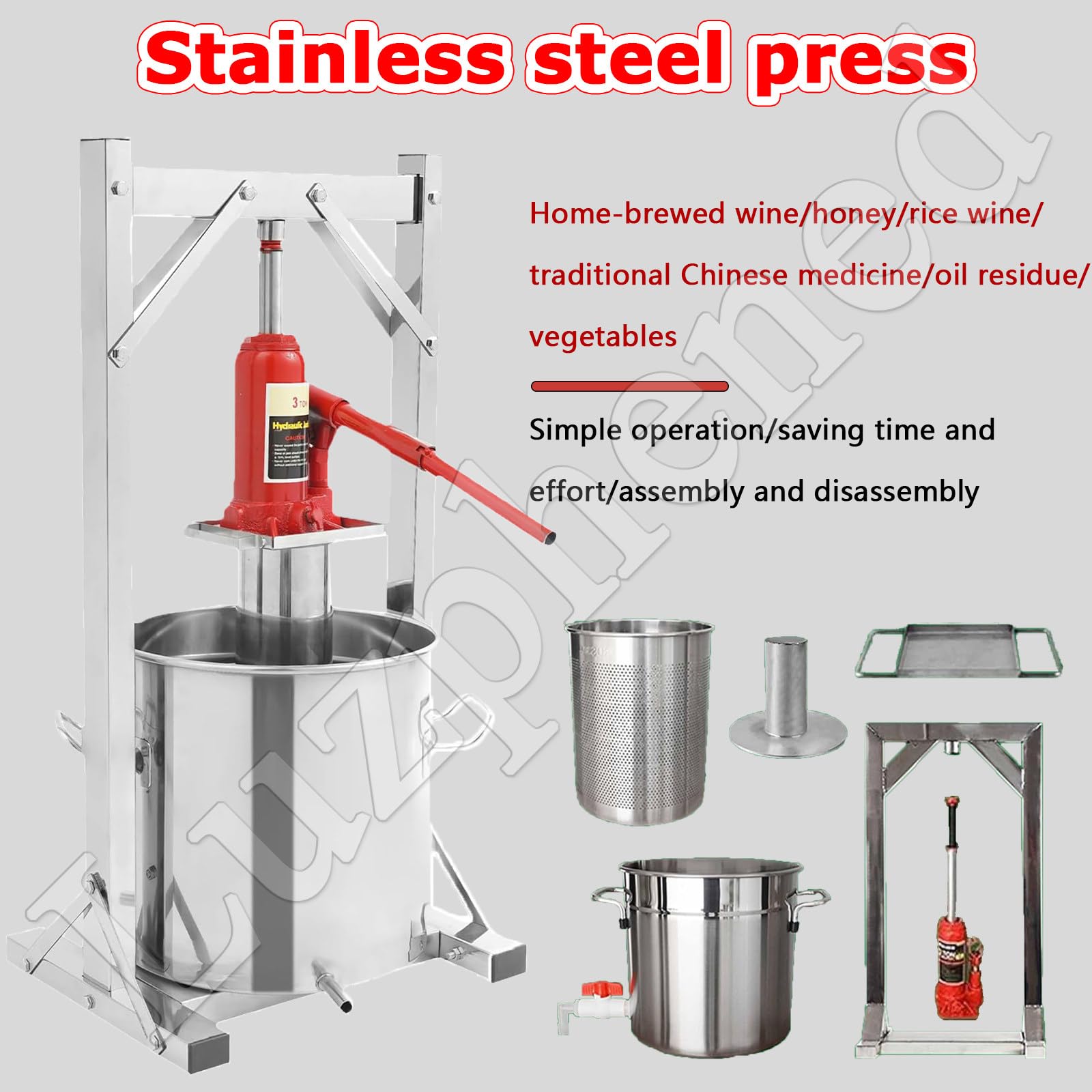 Obstpresse, 12 l/22 l/36 l, Edelstahl, hydraulischer Entsafter mit Handkurbel, Traubenpresse, manueller Entsafter für die Weinherstellung mit Hydraulikkurbel und 12-l-Eimer
