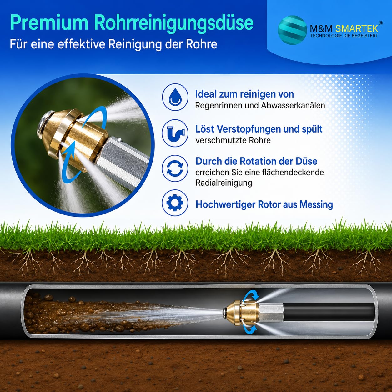 M&M Smartek Manguera de limpieza de tuberías de 50 m para limpiadora de alta presión Nilfisk KEW + boquilla rígida y giratoria desatascador con adaptador M22 x 1,5 – Limpiador de tuberías para inodoro