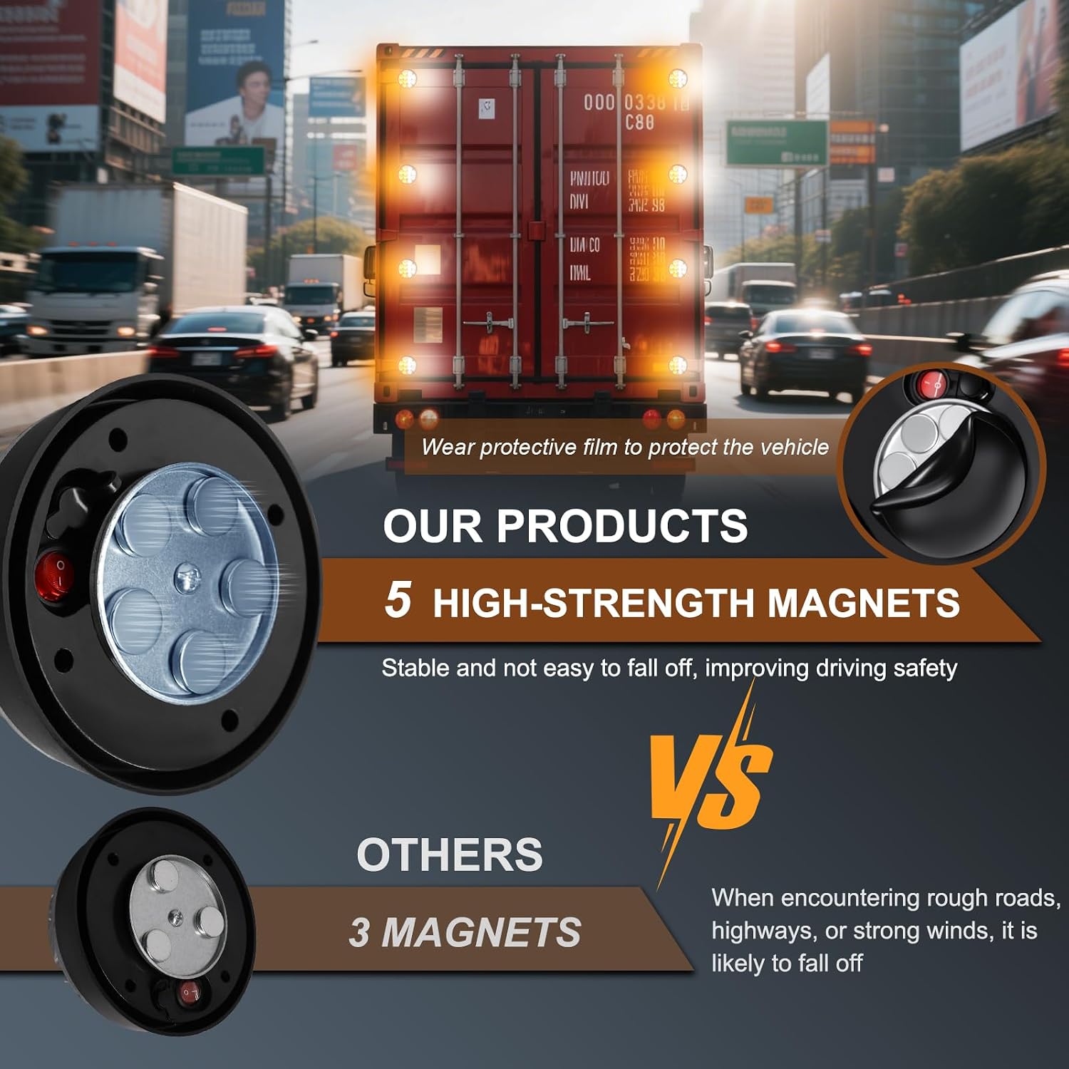 Amber White Magnetic LED Warning Strobe Lights 2PCS, USB Rechargeable Portable Flashing Hazard Lights for Trucks, Cars & Roadside Safety, Emergency Caution Lights for Trailer, RV