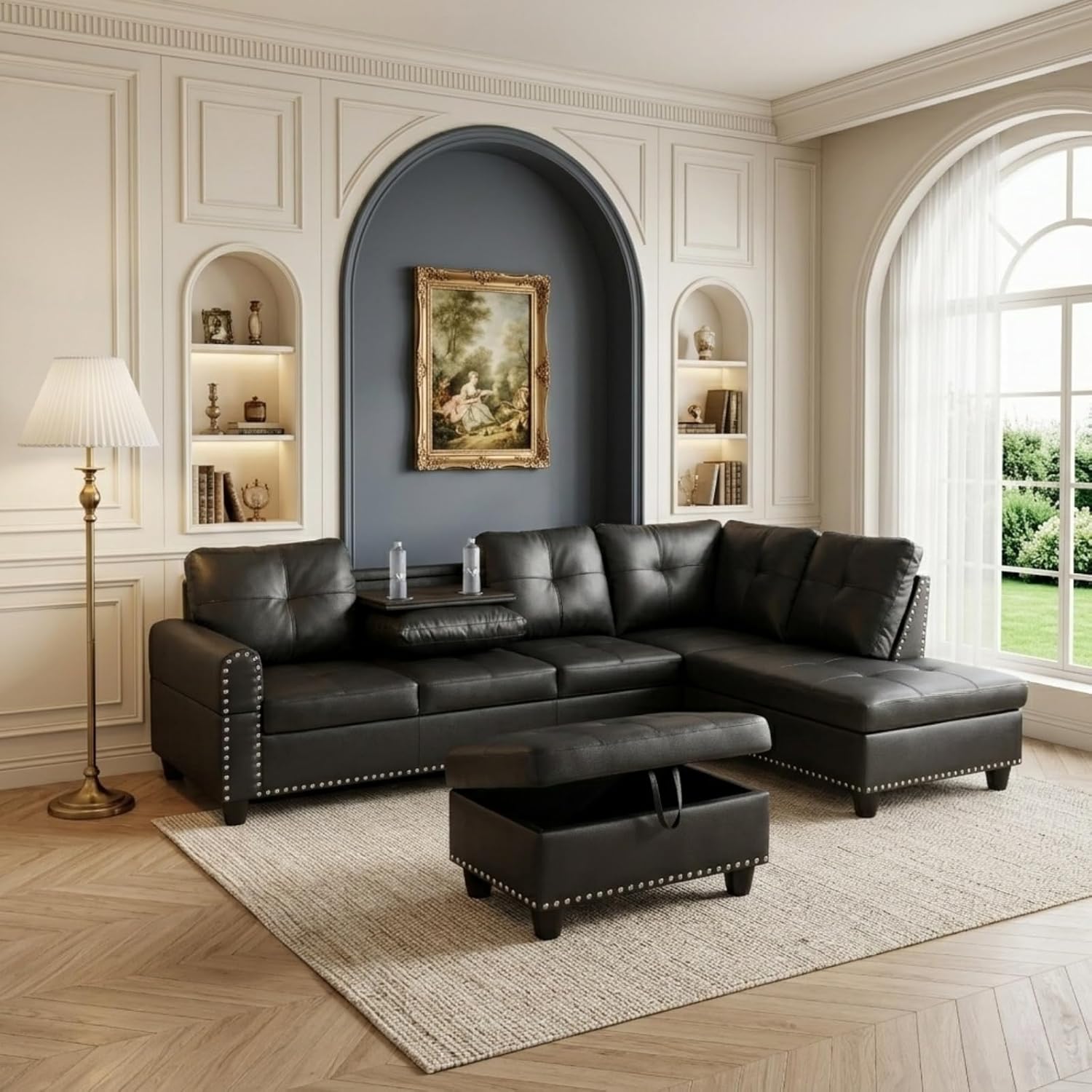 97.5" L-Shape Sofa with Storage Ottoman & Reversible Coffee Table, Leather Sectional Couch with Right Chaise, Modern 3-Piece Sofa Set, Upholstered Couch Set with Solid Wood Frame, Dark Grey