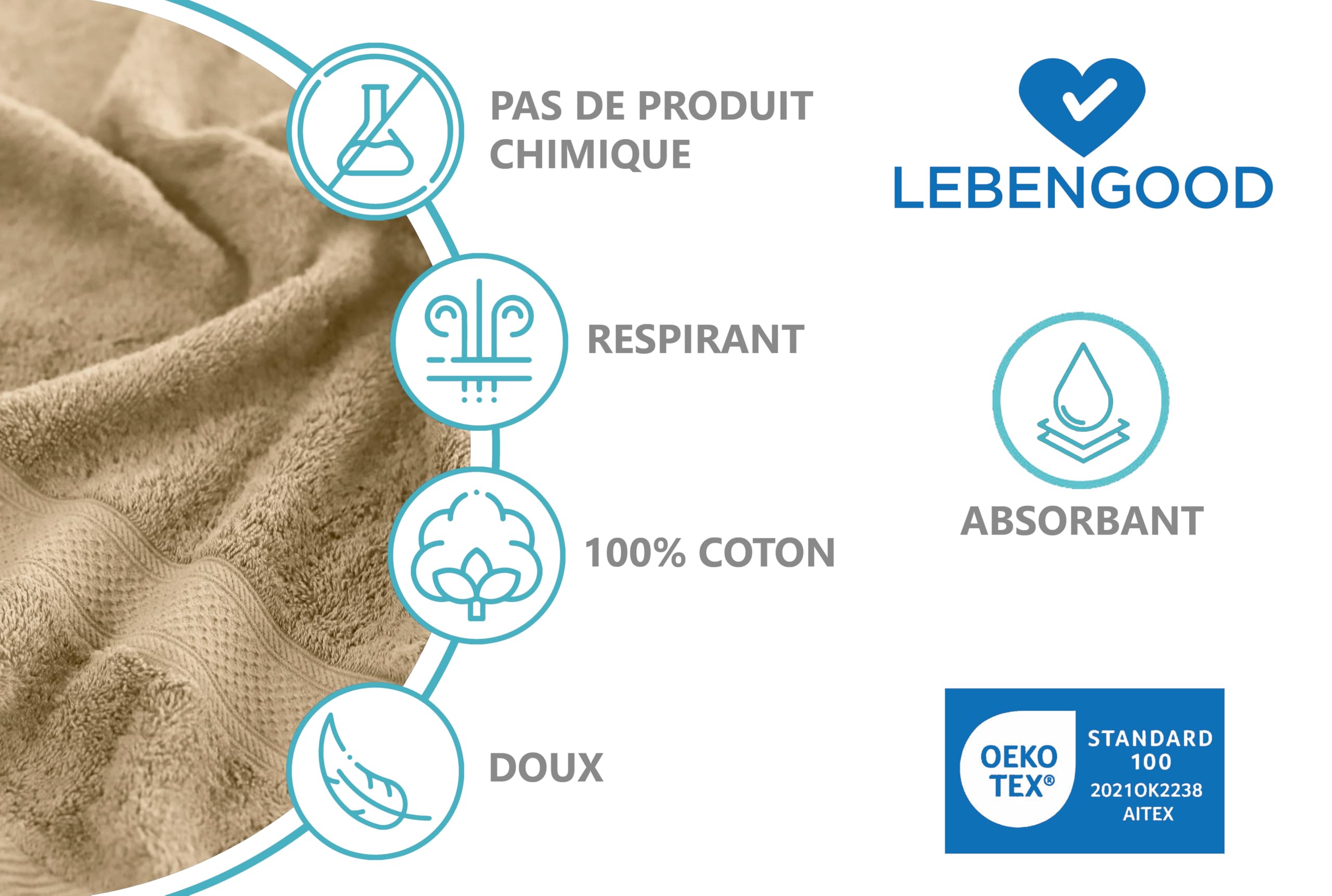 Serviette de Bain 100% Coton Oeko-TEX® Lot de 4 - 2 Douche 70x140 + 2 Toilette 50x90 Grande Taille Doux et Absorbant