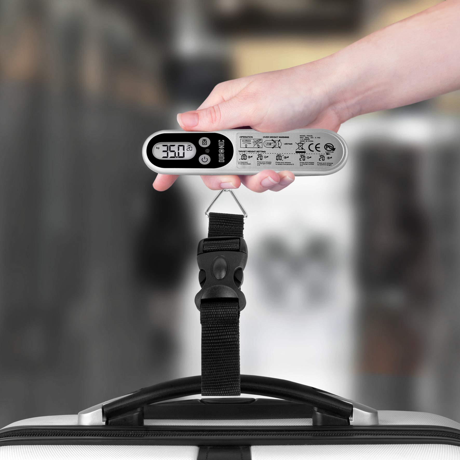 Duronic LS1014 Waga bagażowa elektroniczna z bateriami do 50 kg | przenośna cyfrowa mała waga podróżna | ważenie bagażu podręcznego | waga wędkarska | uniwersalna rączka | Pomiar w kg lb st