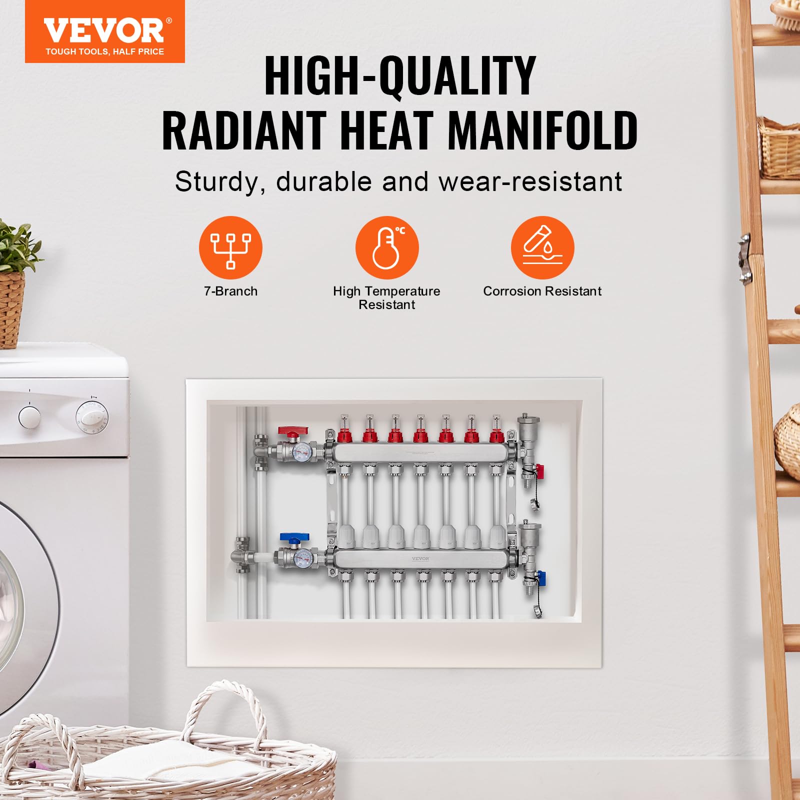 VEVOR Colector de Calor radiante de 7 Derivaciones, Colector de Tubería PEX de Acero Inoxidable SUS304 para Calefacción por Suelo Radiante Hidrónico, con Adaptadores, 540 x 370 x 110 mm, 0-5 L/min