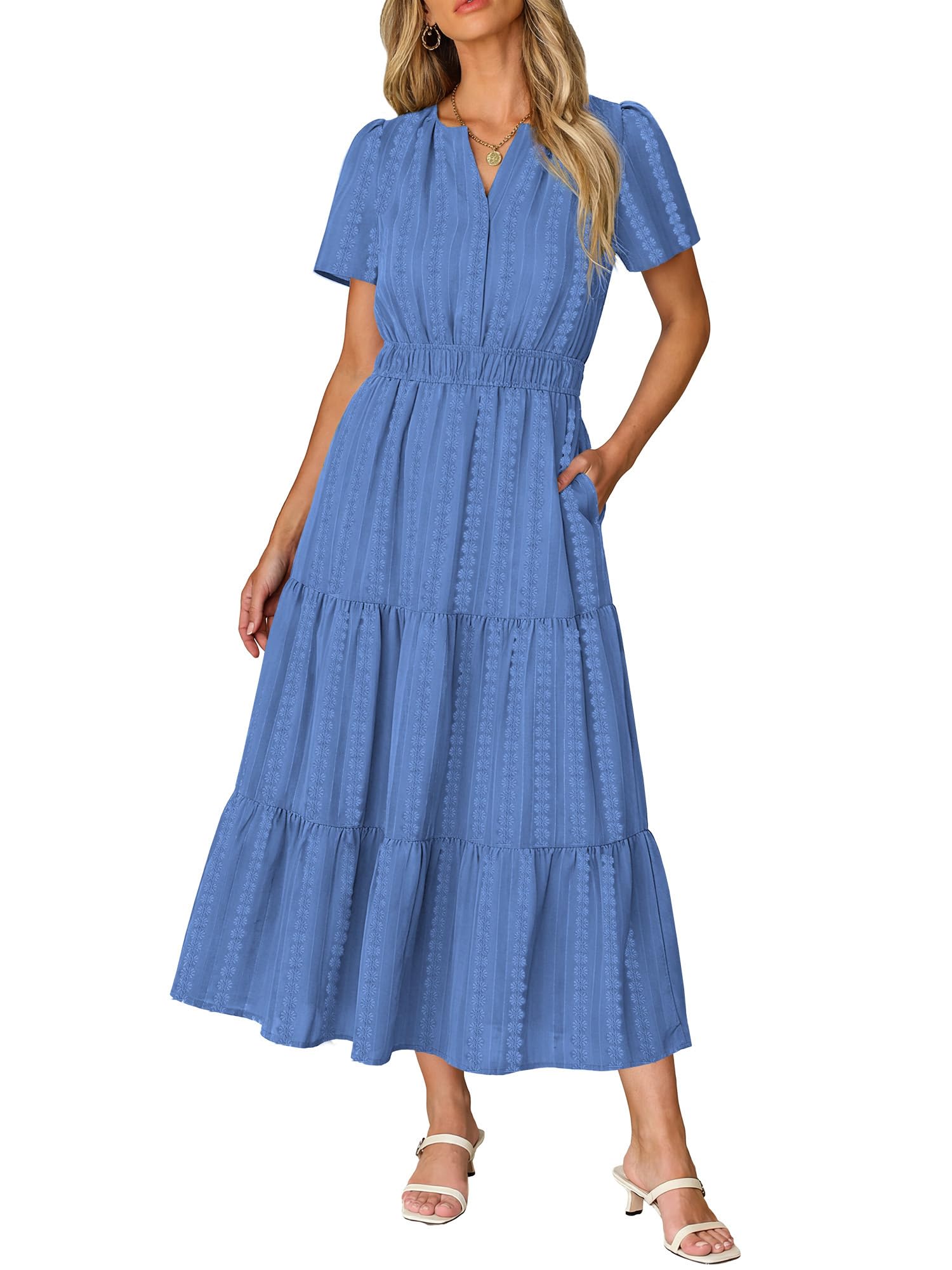RUMIA Women Casual Midi Maxi Dresses Short Sleeve V Neck Elastic Waist Vacation Dress Pockets（S-2XL — view 9