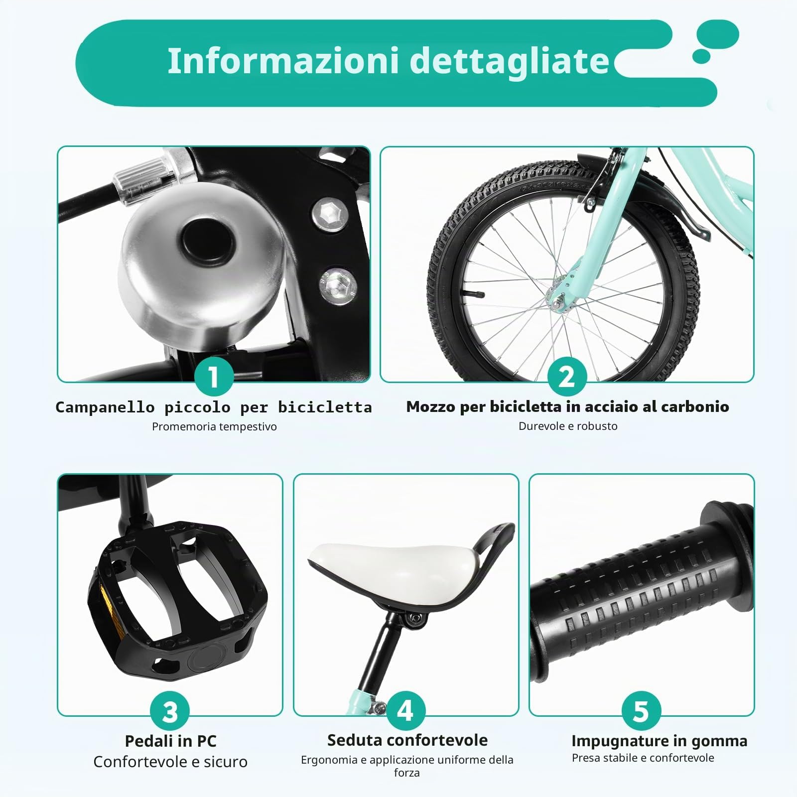 Bicicletta per bambini da 16 pollici, colore verde, bicicletta per bambini dai 5 agli 8 anni (105-135 cm), telaio in acciaio al carbonio, sella regolabile in altezza e manubrio, ruote di