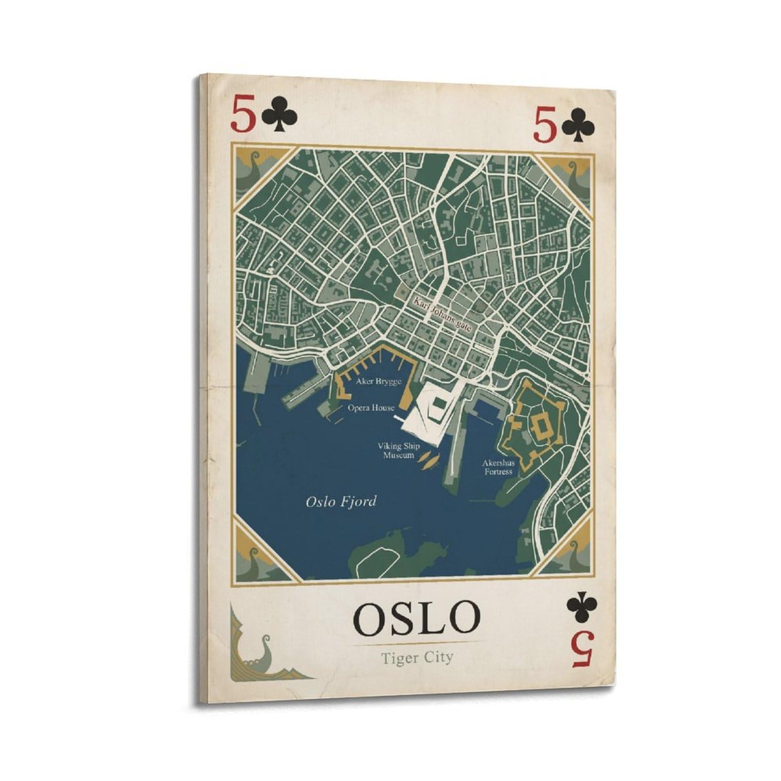 OKNGB Vintage City Map Poster Oslo Norway Fjord Playing Card Style Decorative Painting Canvas Art Picture 24x36inch(60x90cm)