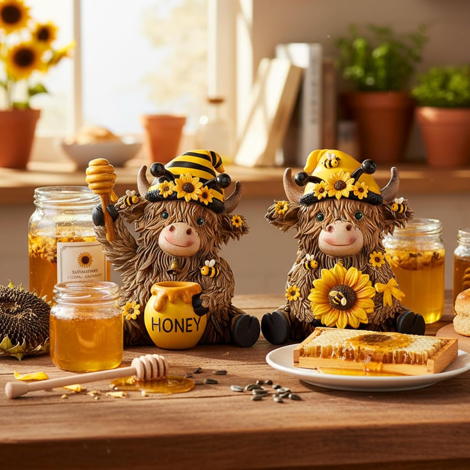 2 Pack Bee Highland Cow Decor Bee Gnomes Resin Highland Cow Figurine Gnomes Resin Statue for Spring Party Garden Table Shelf Home Decor Calf Gnome Herd Gifts