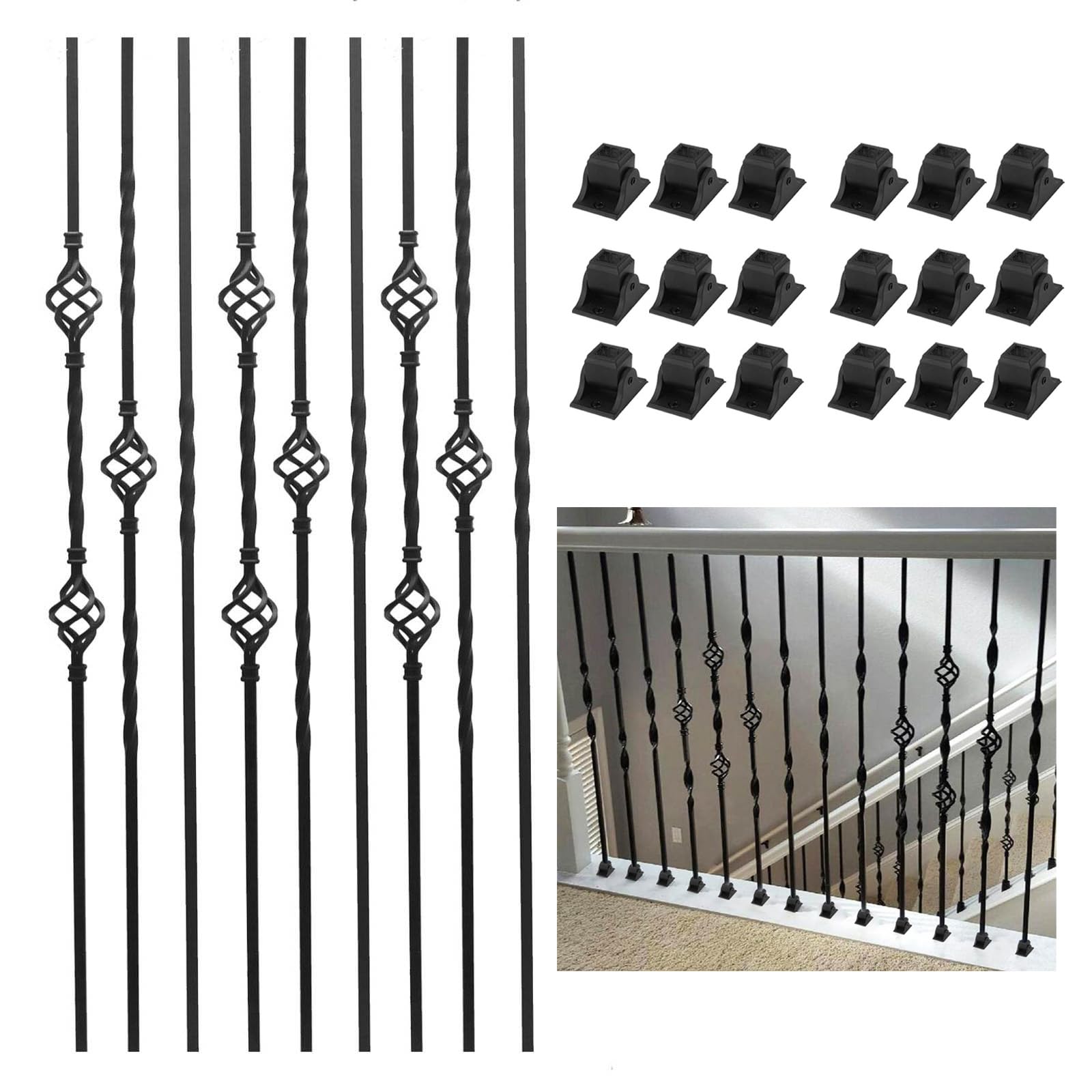 9 Pack Stair Balusters,1/2" x 44",Hollow Double&Single Basket & Double Twist Balusters for Staircase Interior with 18 Swivel Shoes Iron Balusters for Staircase